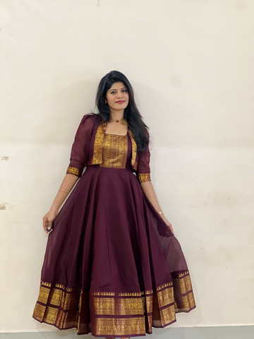 Chettinadu long Gown With Overcoat-Coffee brown
