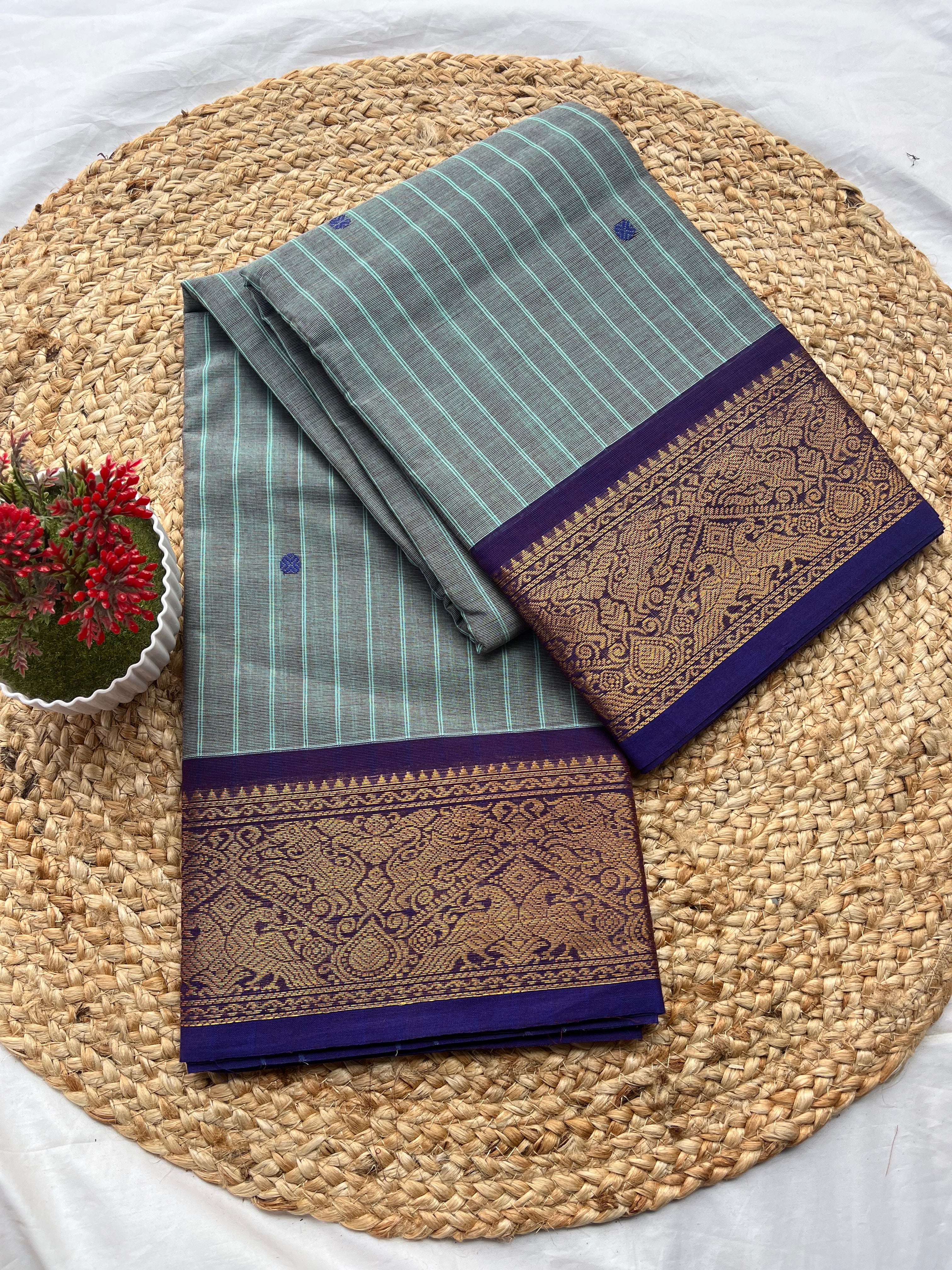 Chettinad cotton mustard blue & blue-strips butta