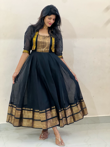 Chettinadu long Gown With Overcoat-Black