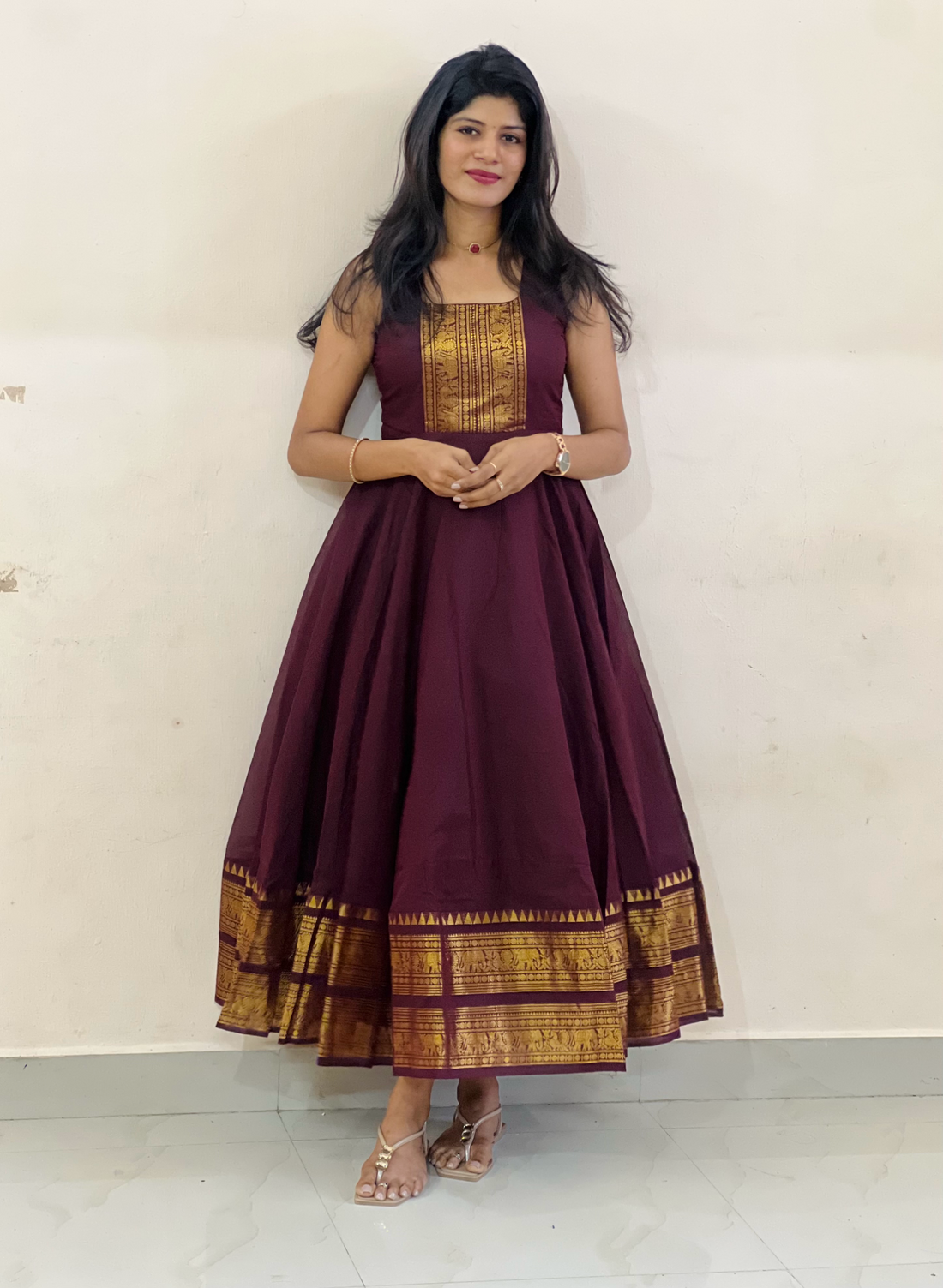 Chettinadu long Gown With Overcoat-Coffee brown
