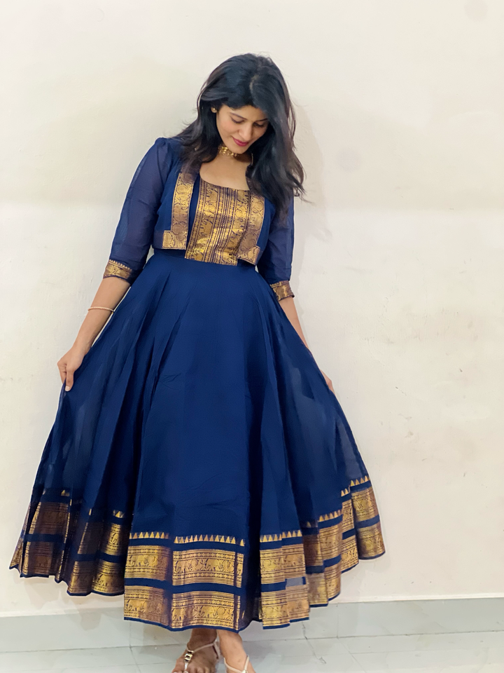 Chettinadu long Gown With Overcoat-Blue