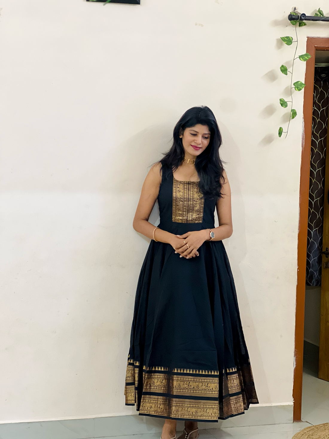 Chettinadu long Gown With Overcoat-Black