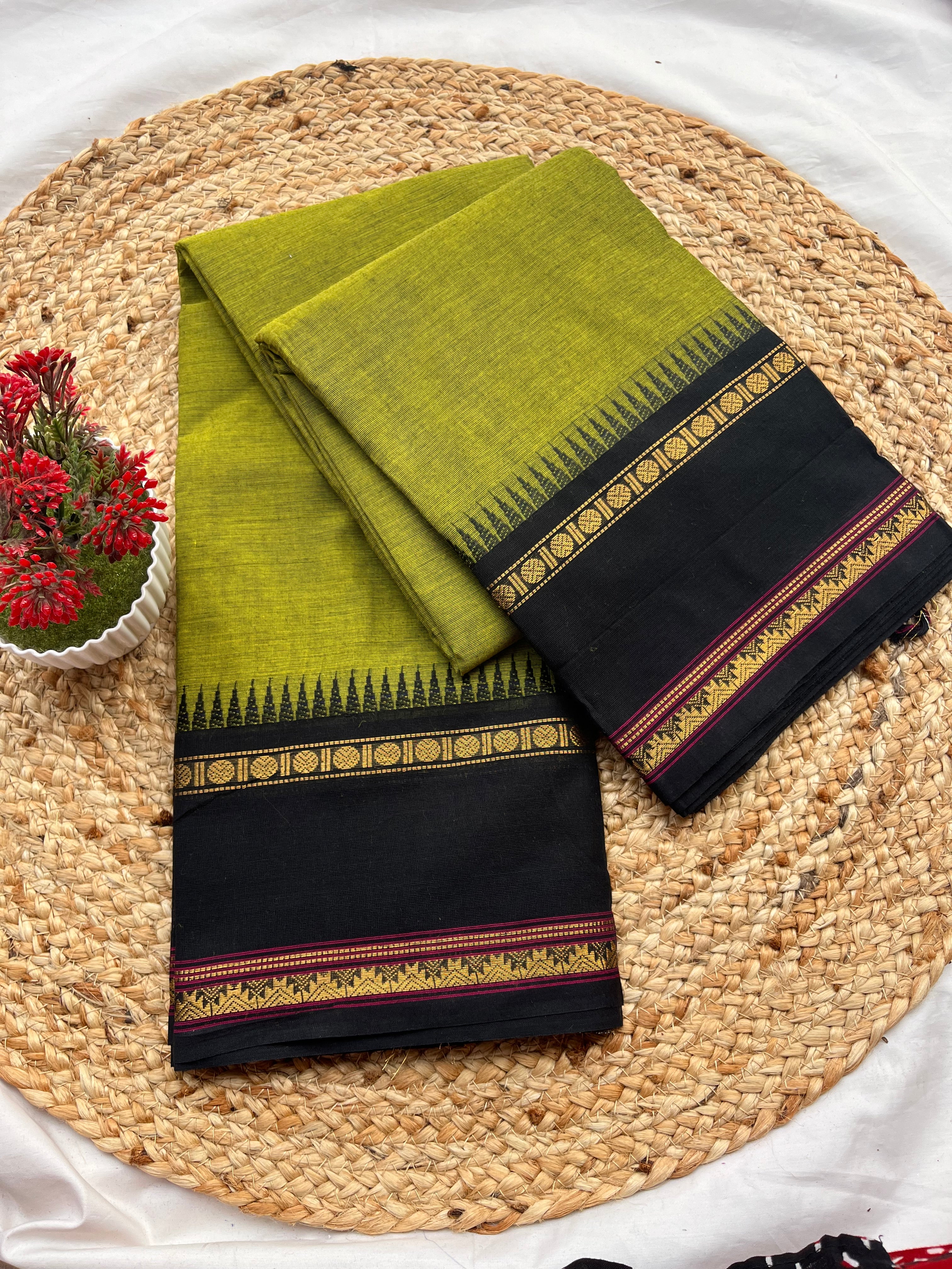 Chettinad cotton Green & black -Plain
