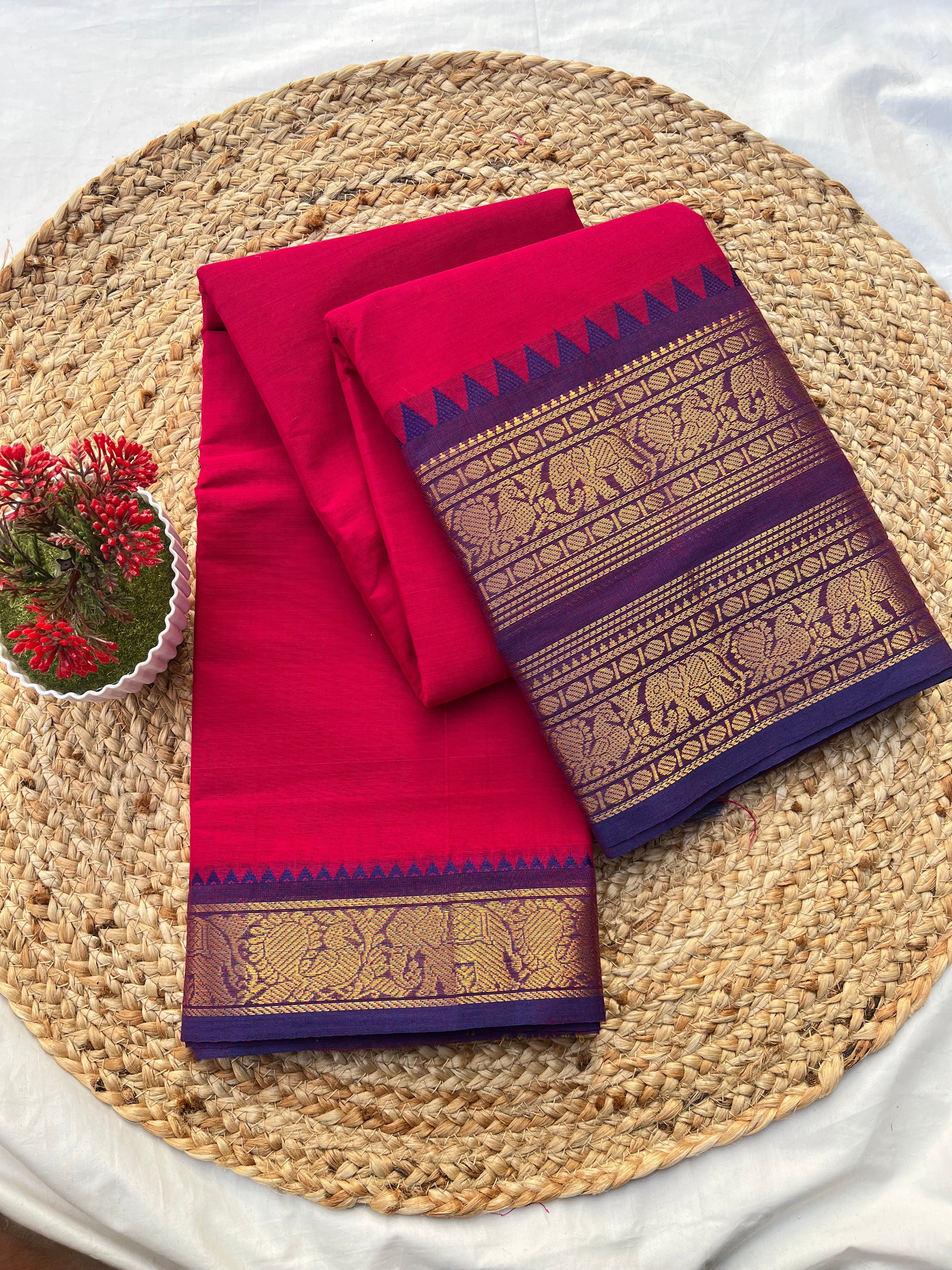 Chettinad cotton pink & purple-double border plain