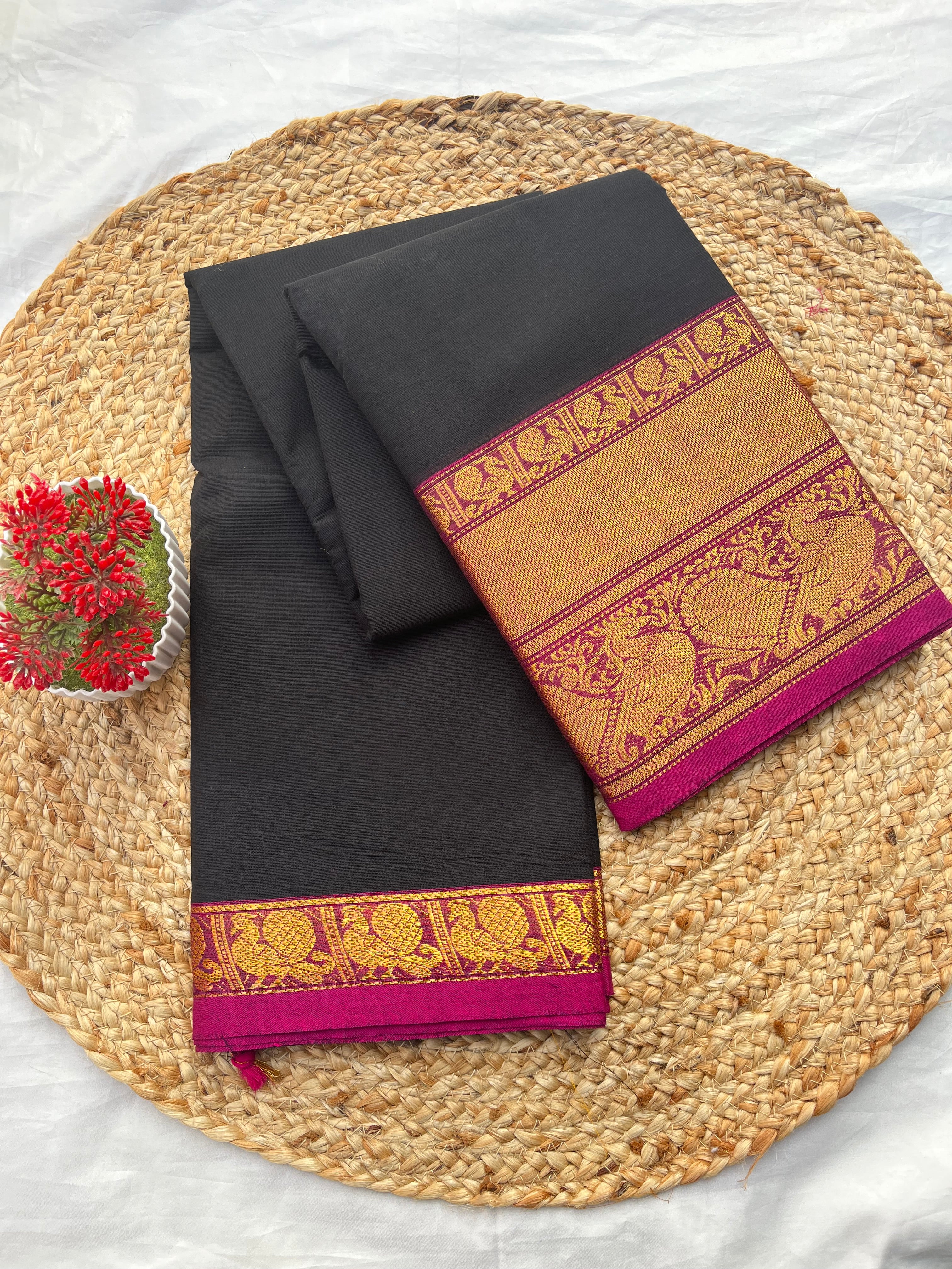 Chettinad cotton black & pink-plain