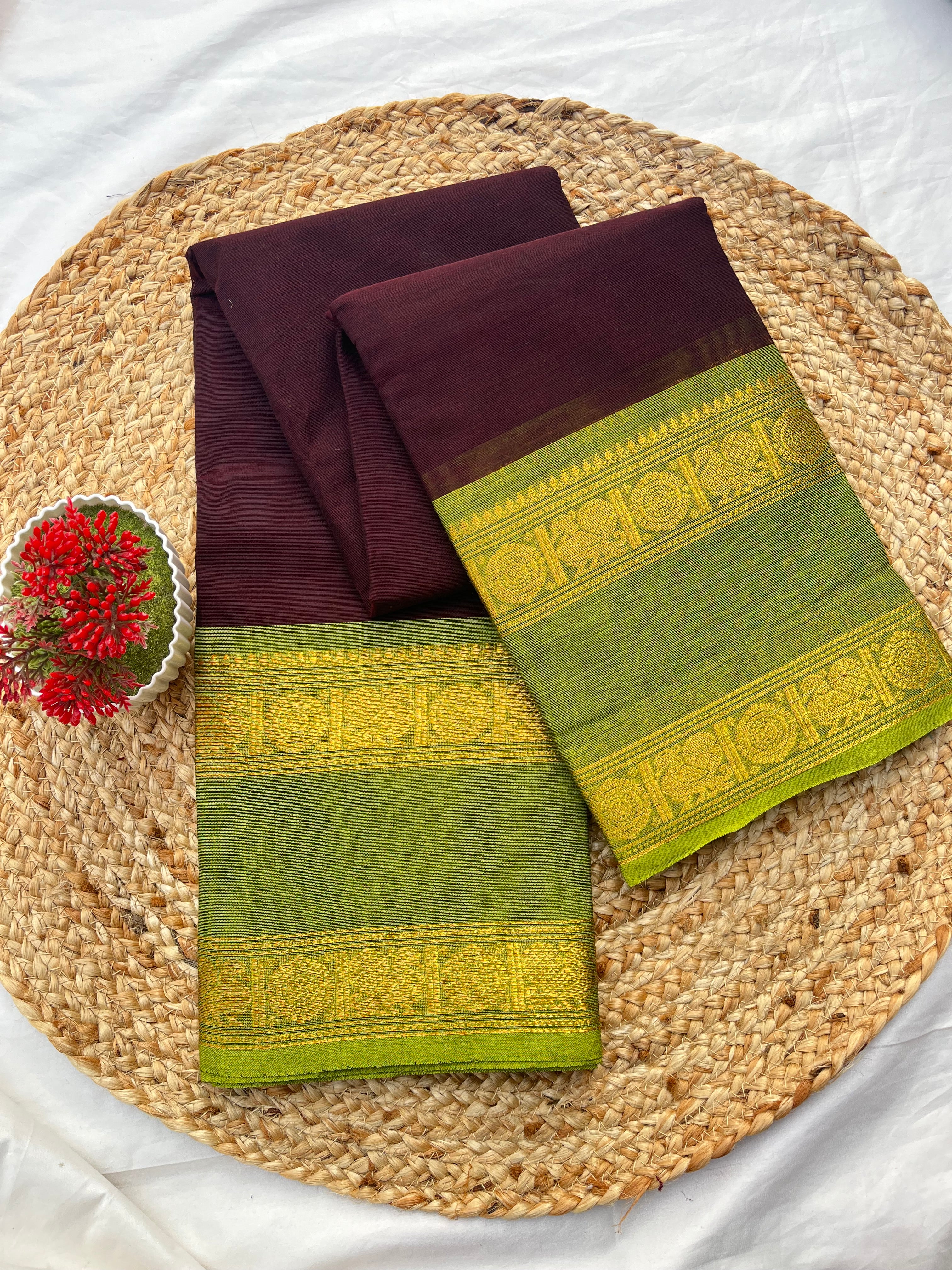 Chettinad cotton coffee brown & parrot green-plain