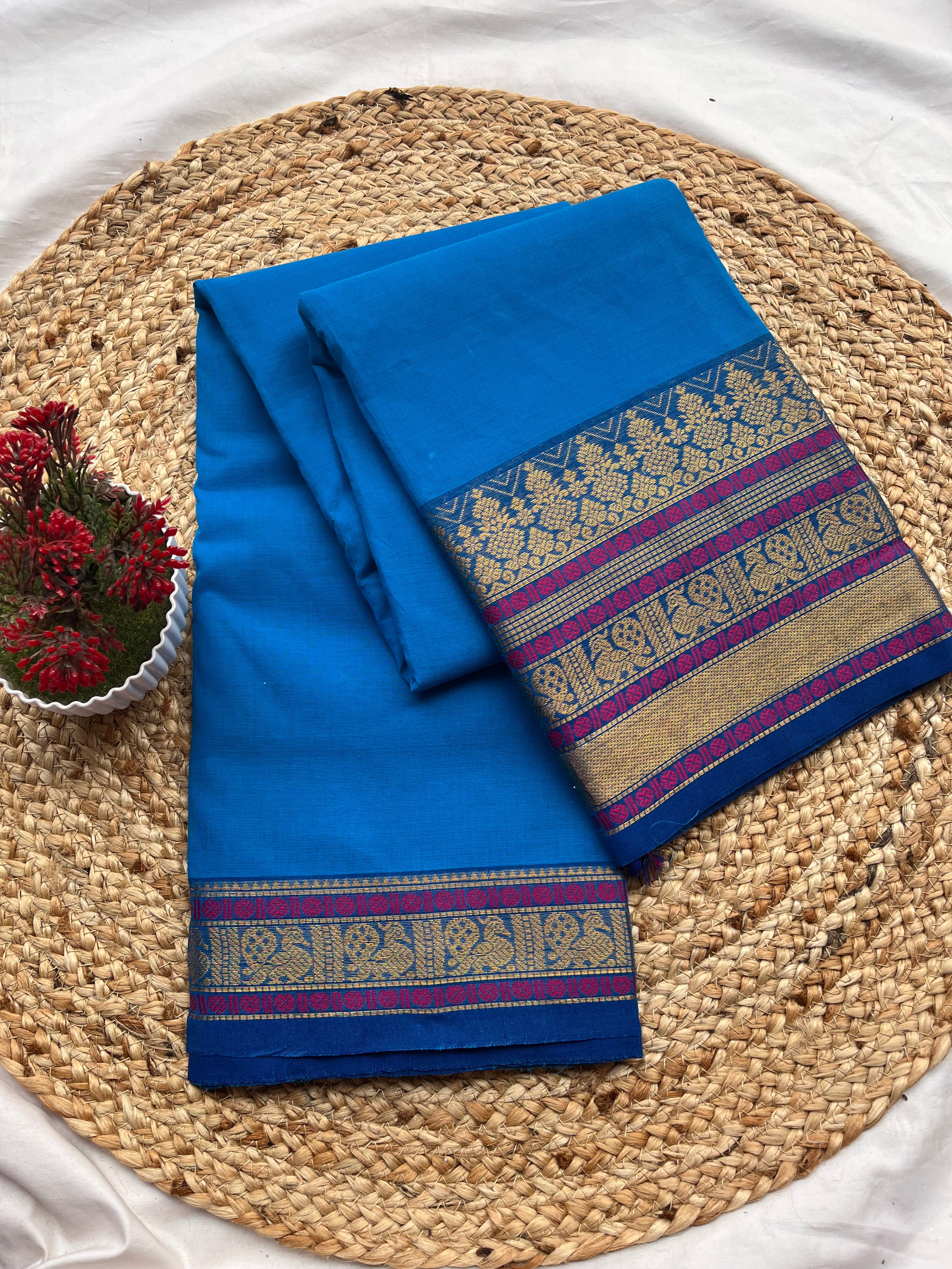 Chettinad cotton blue & multi blue-Plain