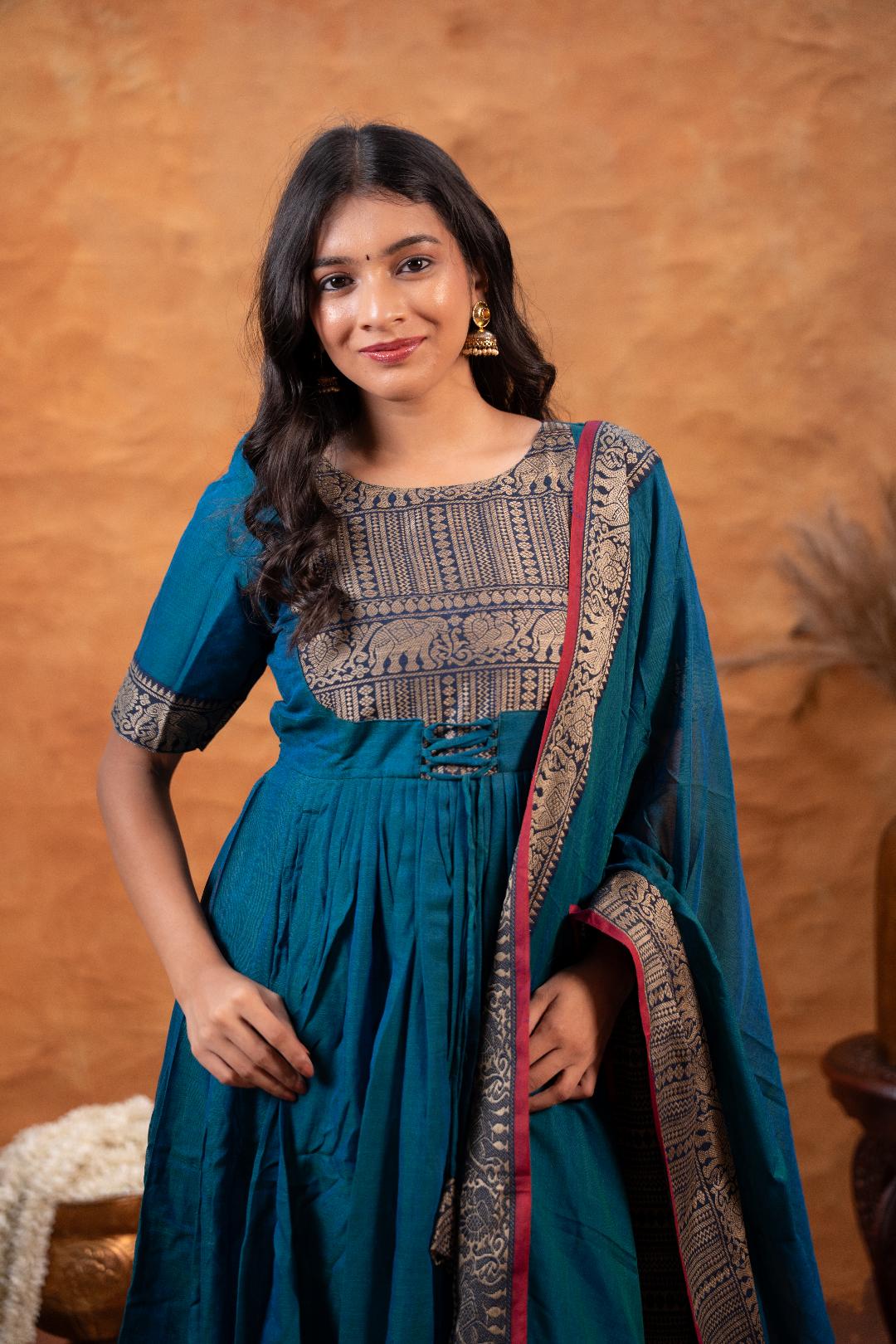 Narayanpet Handloom cotton Anarkali& Dupatta Set -Peacock Blue