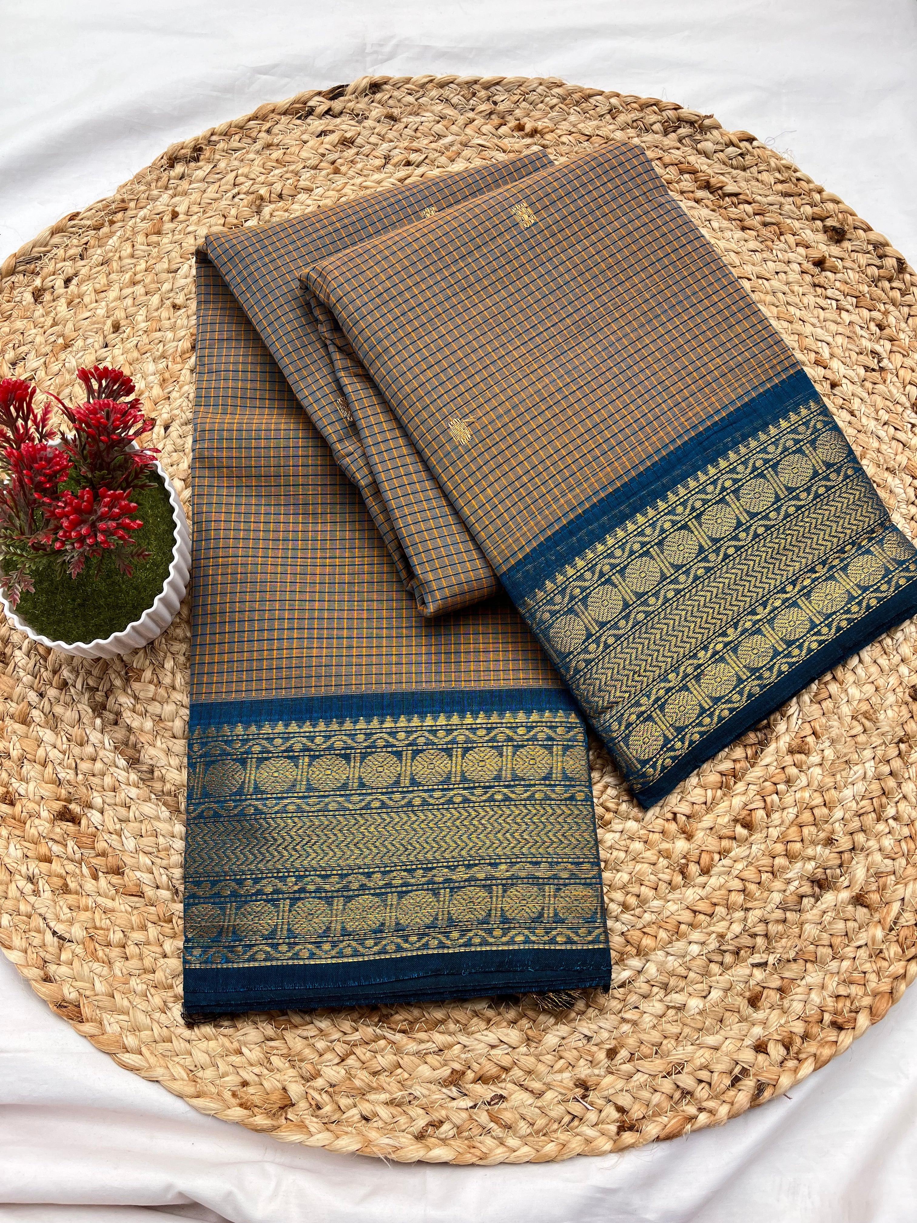 Chettinad cotton Ash & blue-checks butta