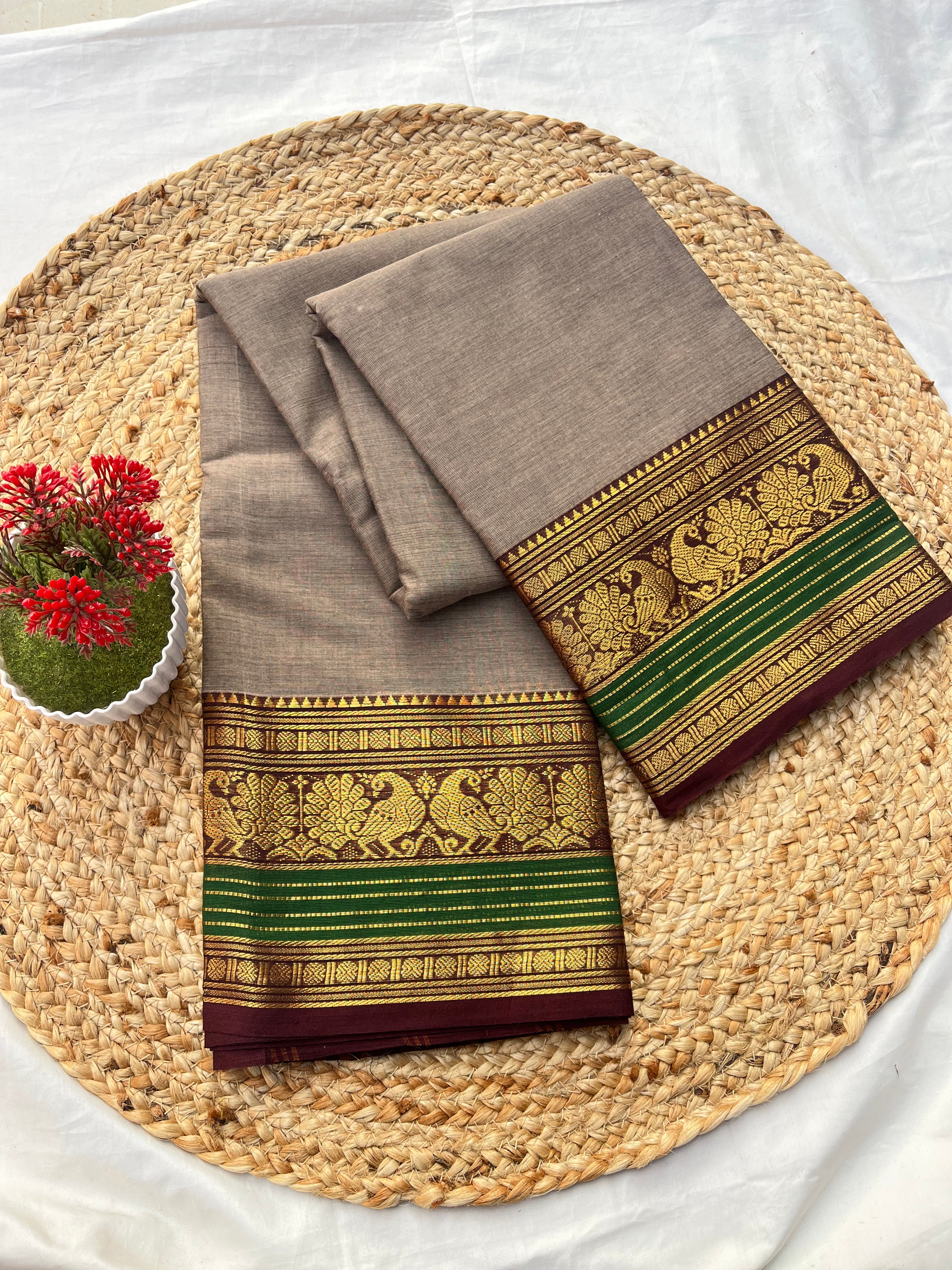 Chettinad cotton ash & green lines-Plain