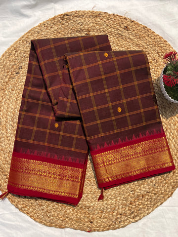 Chettinad cotton coffee brown & red _ big checks butta