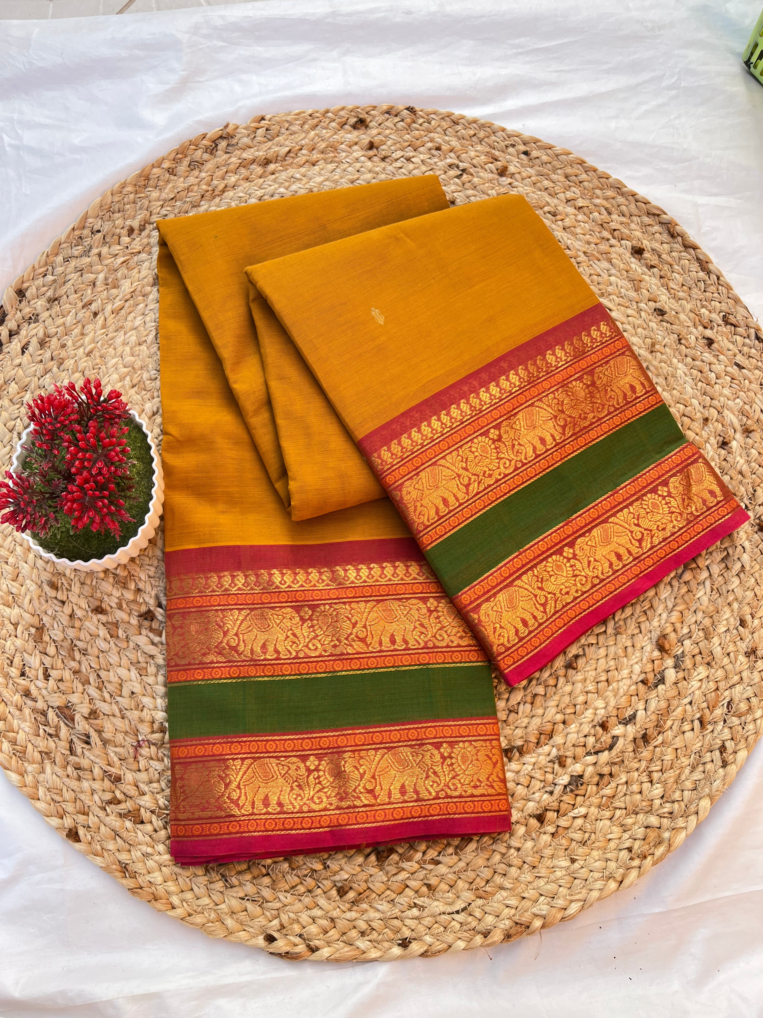 Chettinad cotton yellow & pink green-butta