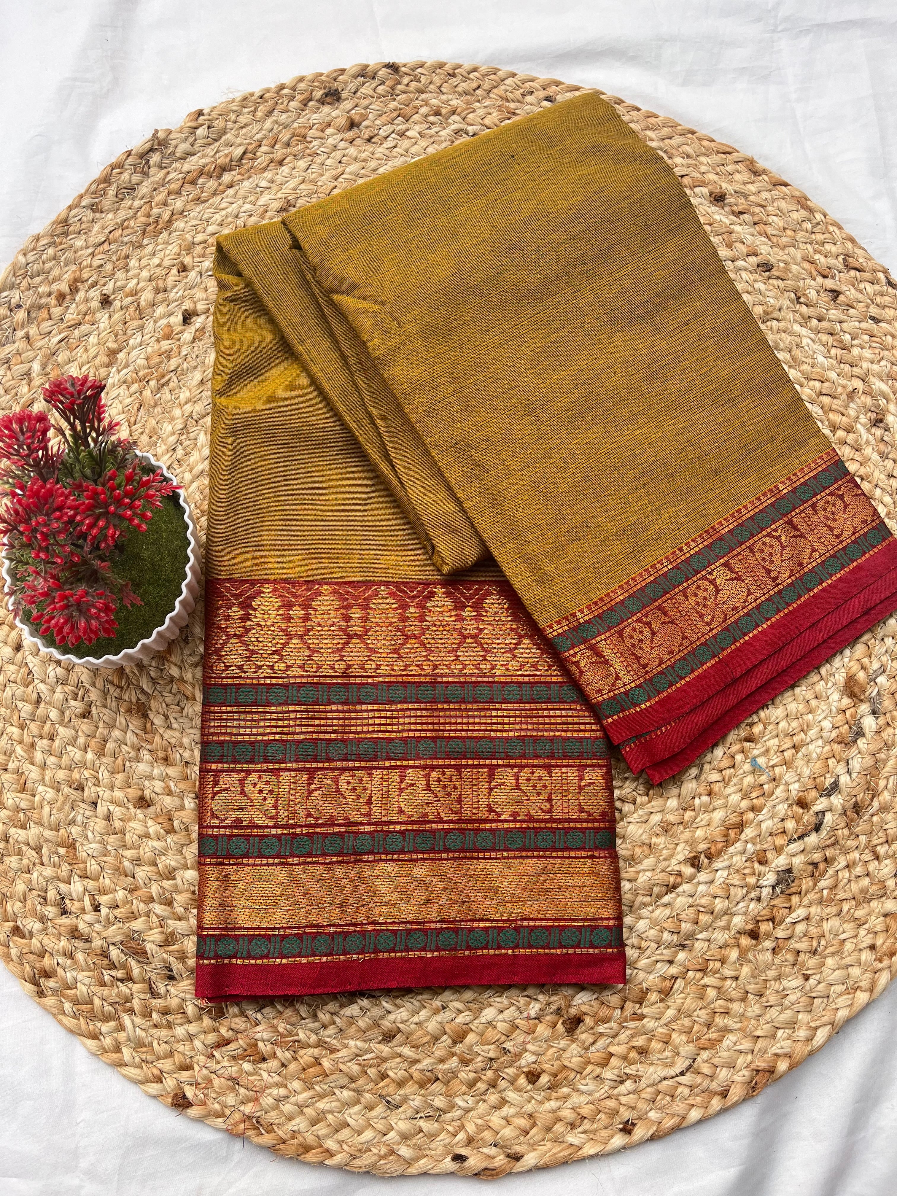 Chettinad cotton methi green multi red -Plain