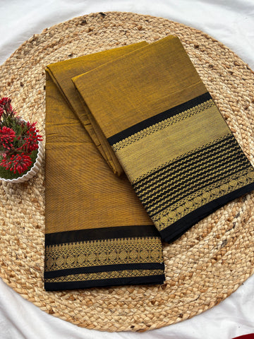 Chettinad cotton mustard yellow & black-lines Plain