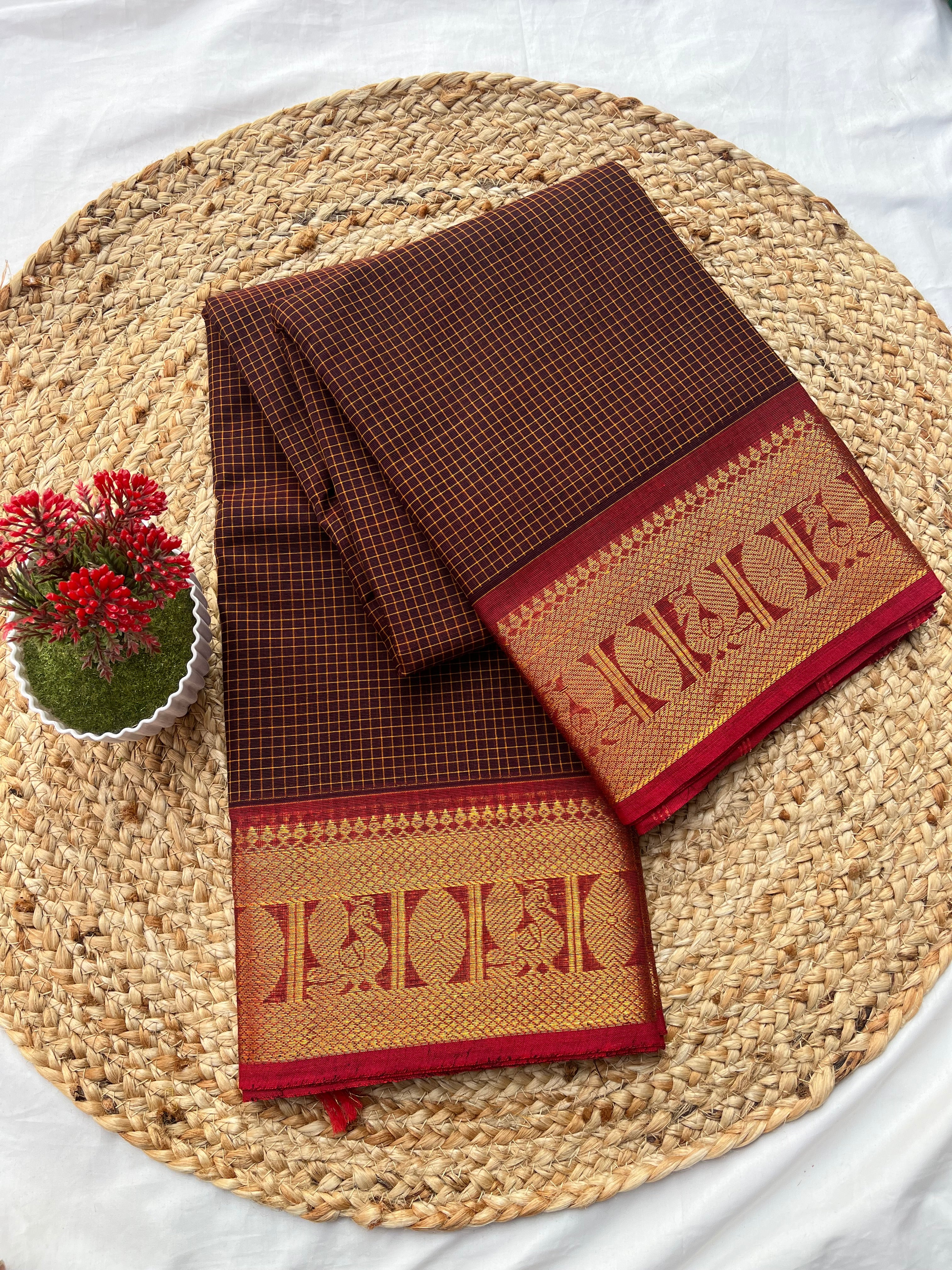 Chettinad cotton coffee brown & Red -korvai checks