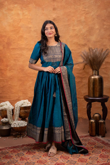 Narayanpet Handloom cotton Anarkali& Dupatta Set -Peacock Blue