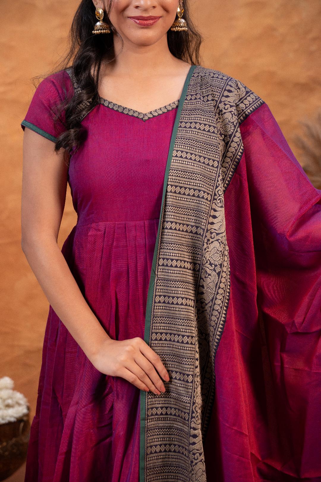 Narayanpet Handloom cotton Anarkali& Dupatta Set -Purple