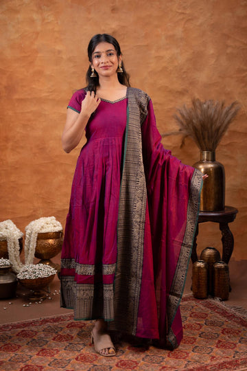 Narayanpet Handloom cotton Anarkali& Dupatta Set -Purple