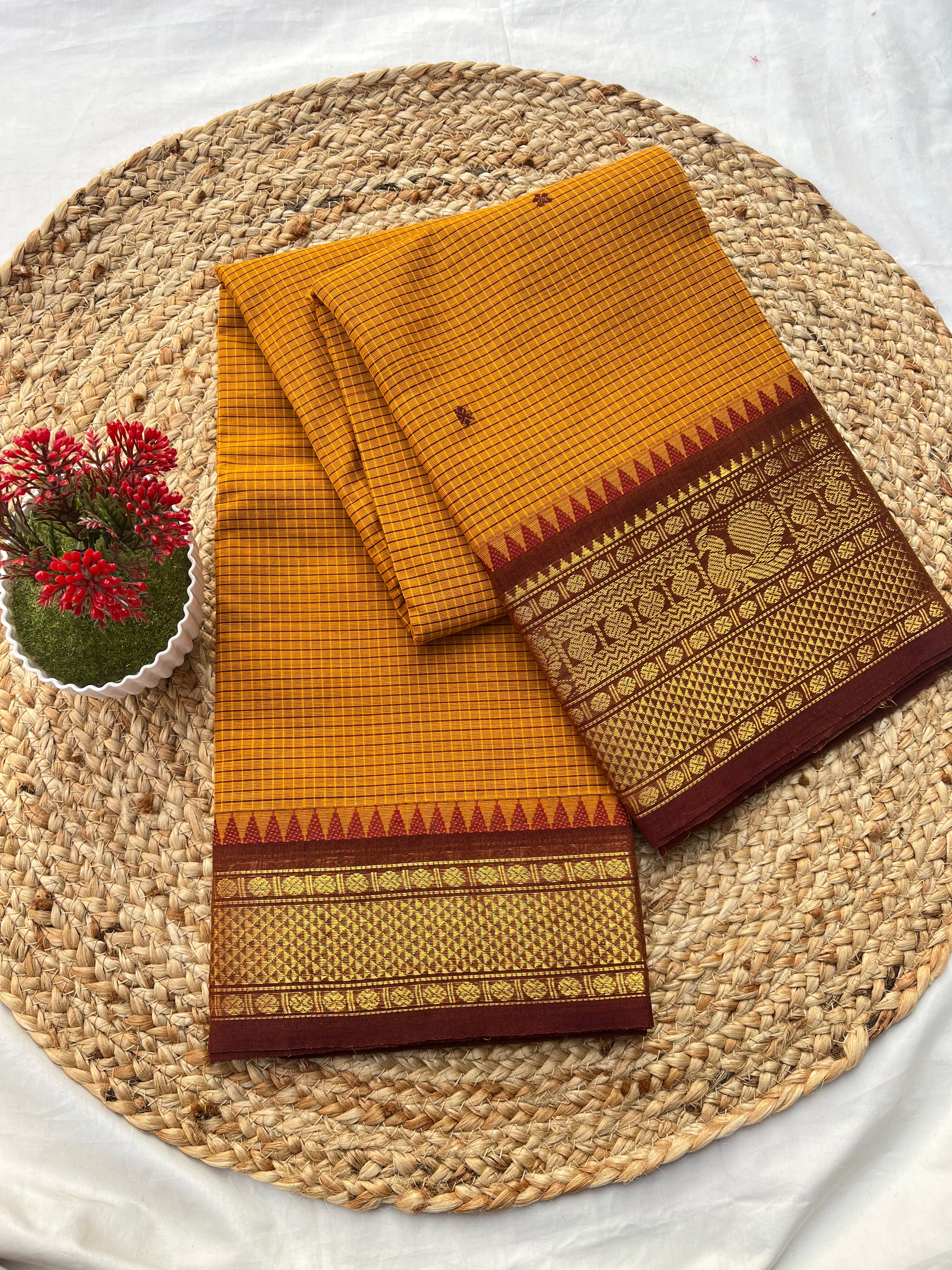 Chettinad cotton yellow & brown-checks butta