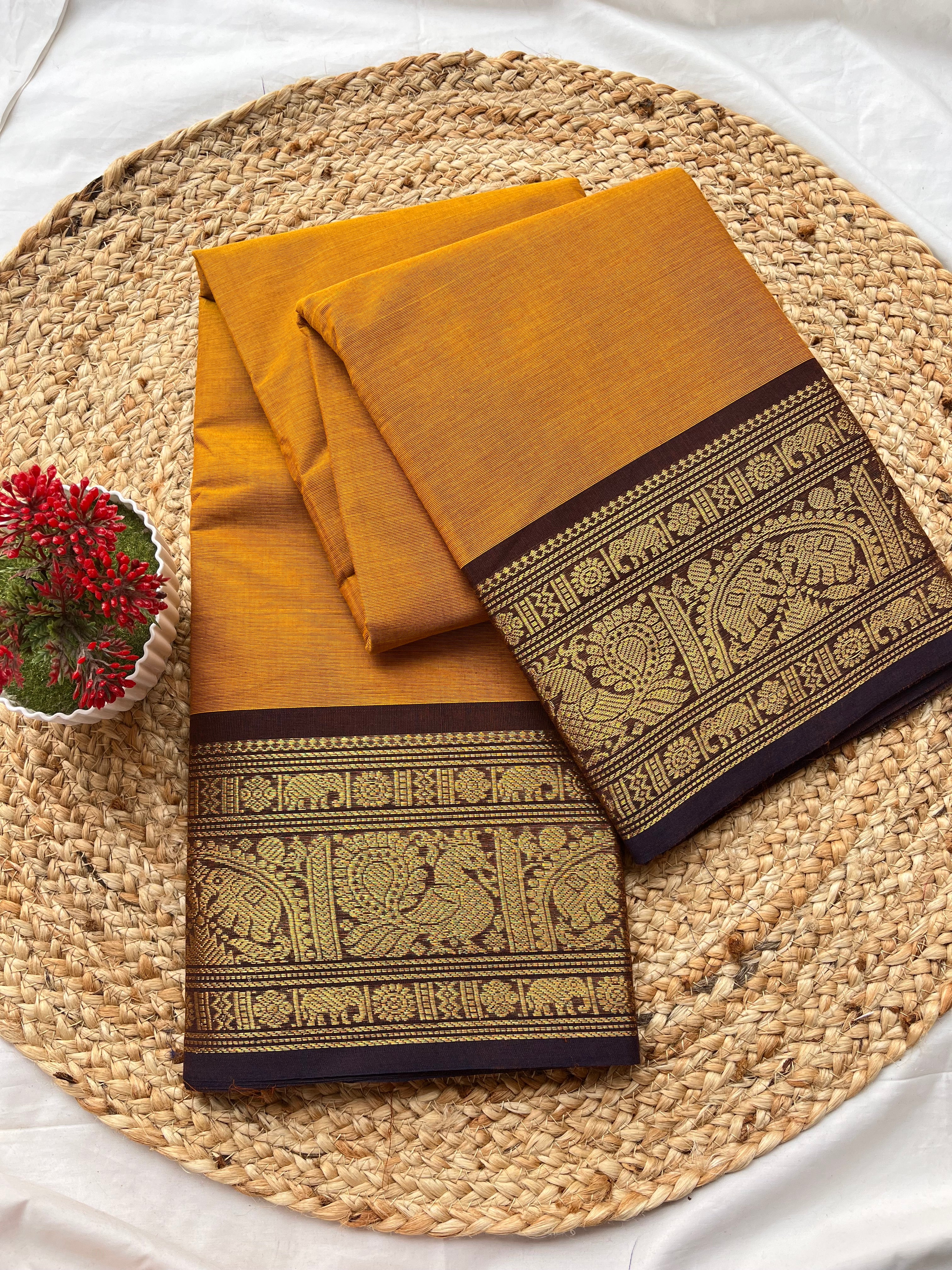 Chettinad cotton yellow & maroon-Plain