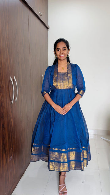 Chettinadu long Gown With Overcoat-Blue