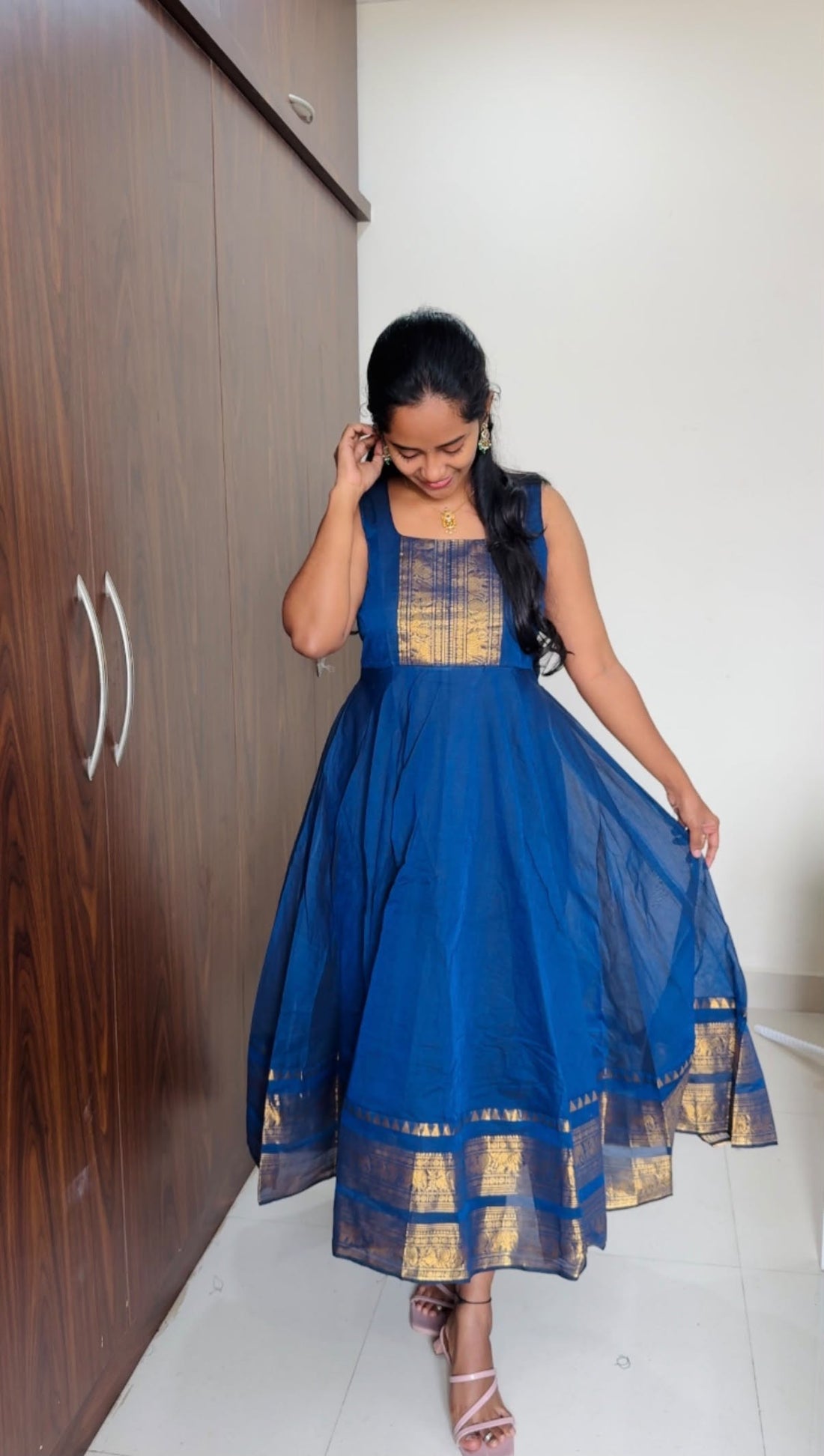 Chettinadu long Gown With Overcoat-Blue