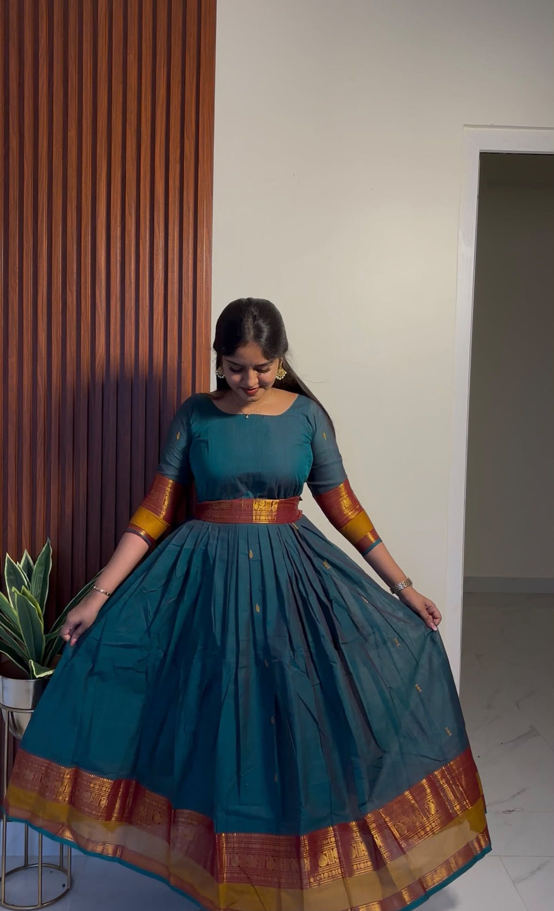 Chettinadu long Gown With Dupatta-Teal Blue