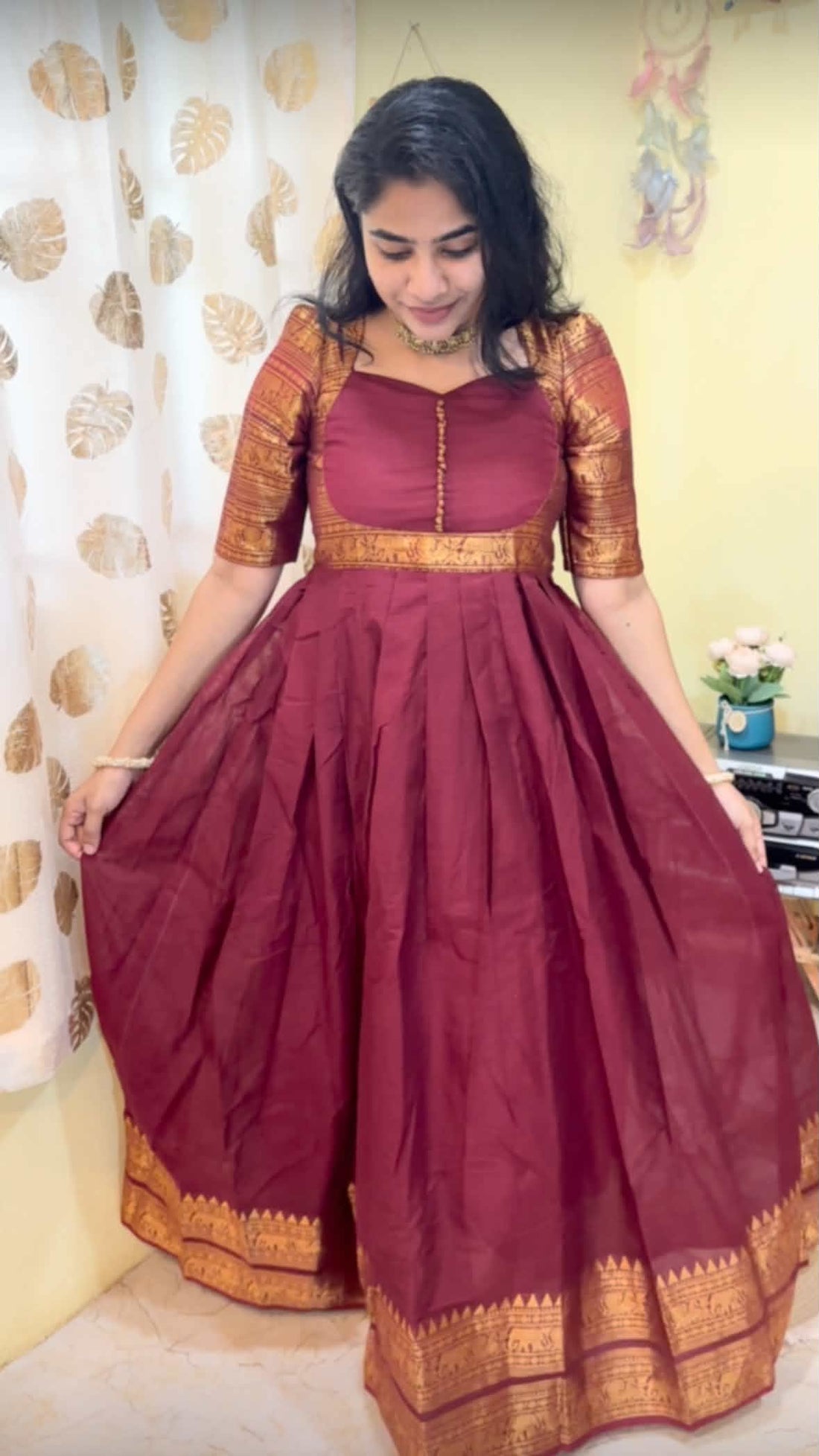 Chettinadu long Gown With Dupatta-Reddish Maroon