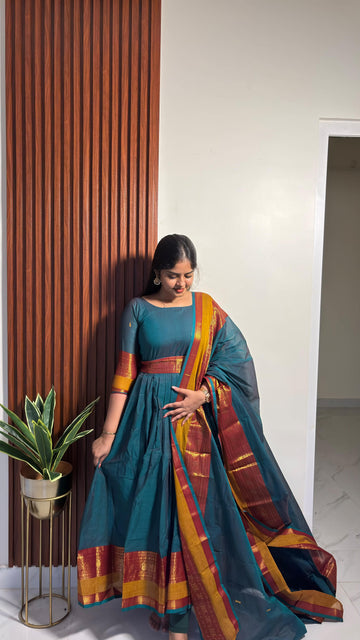 Chettinadu long Gown With Dupatta-Teal Blue