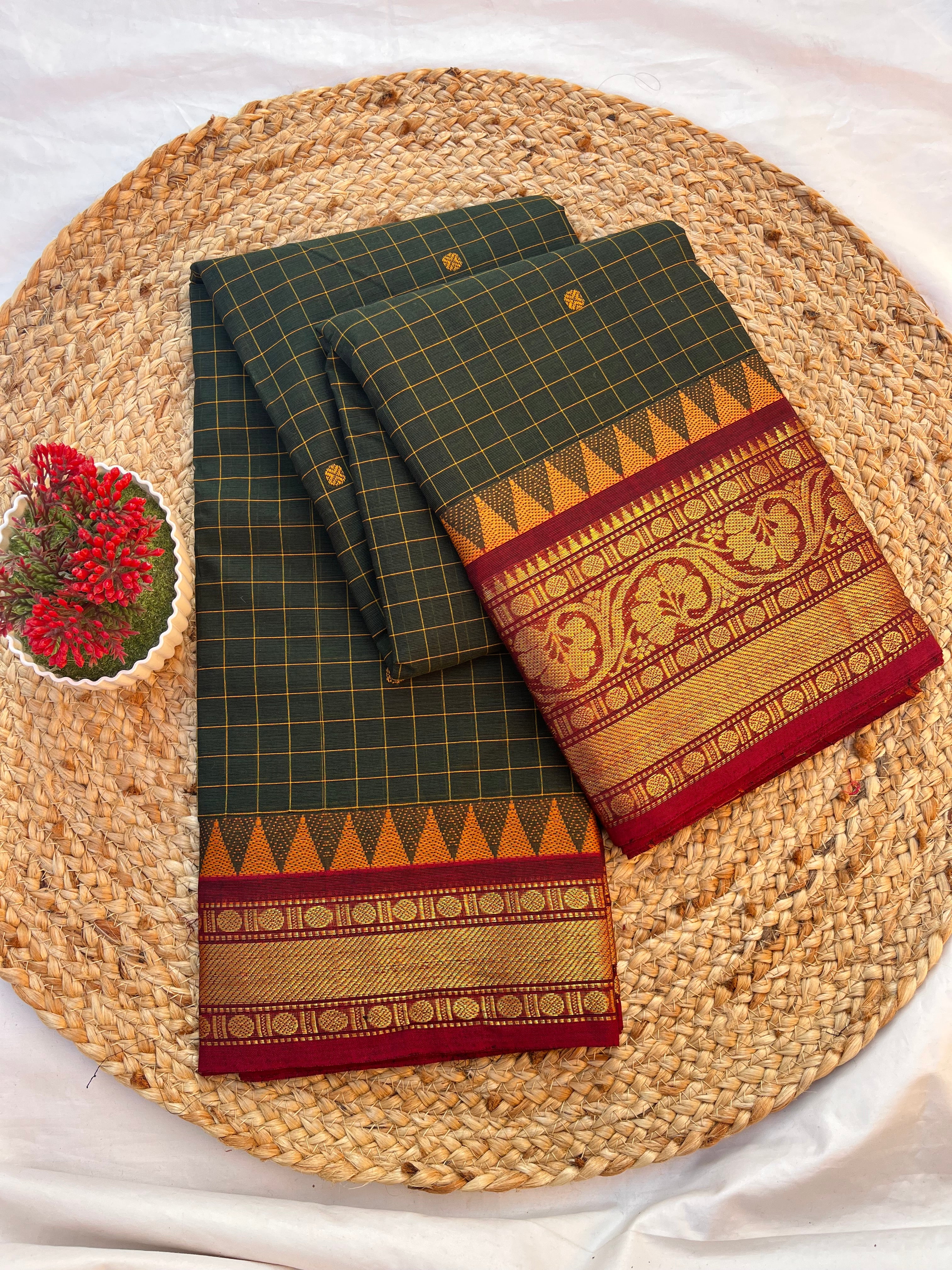 Chettinad cotton bottle green & maroon-checks butta