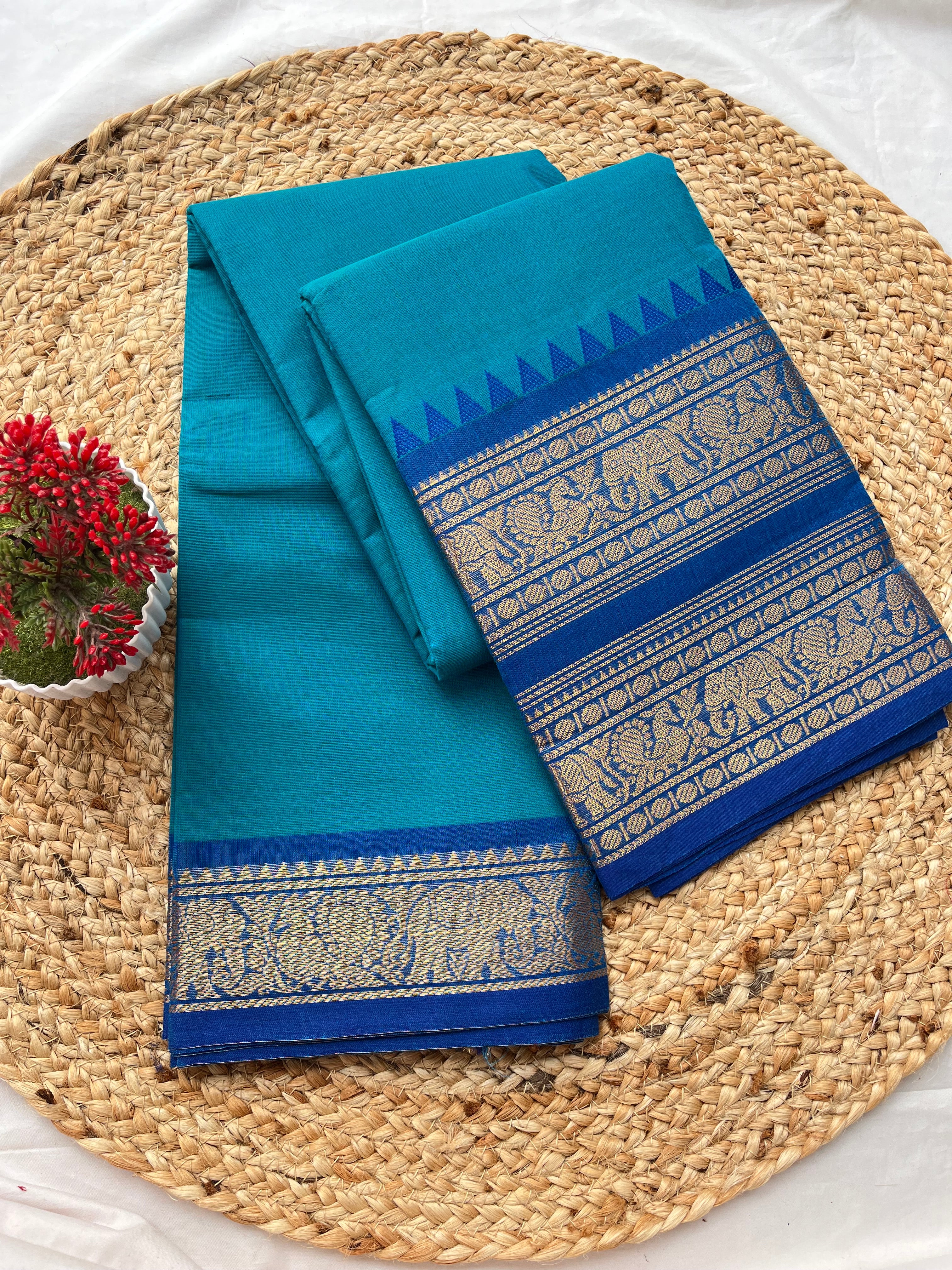Chettinad cotton blue-Double border Plain