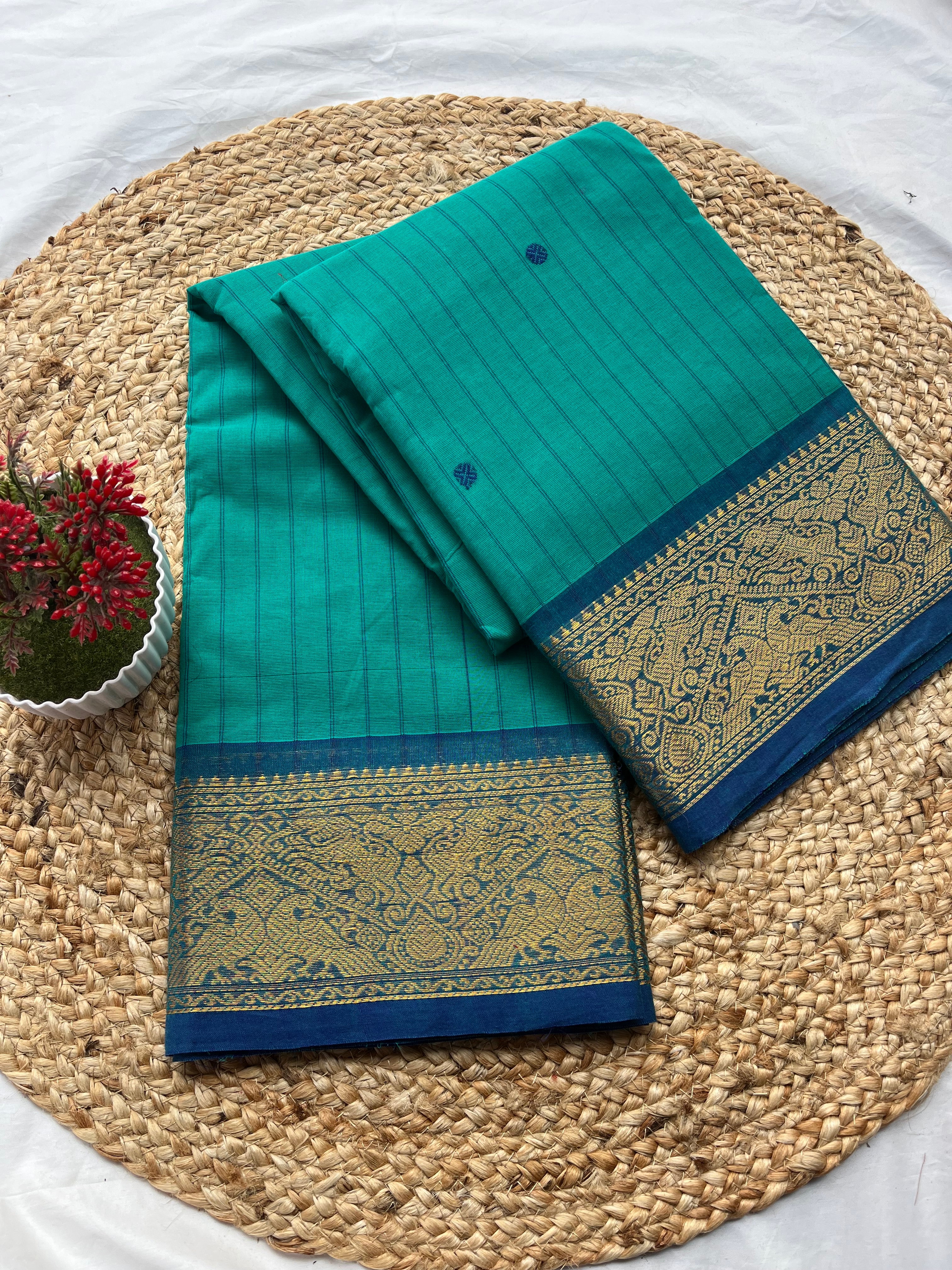 Chettinad cotton Rama green & blue -stripes butta
