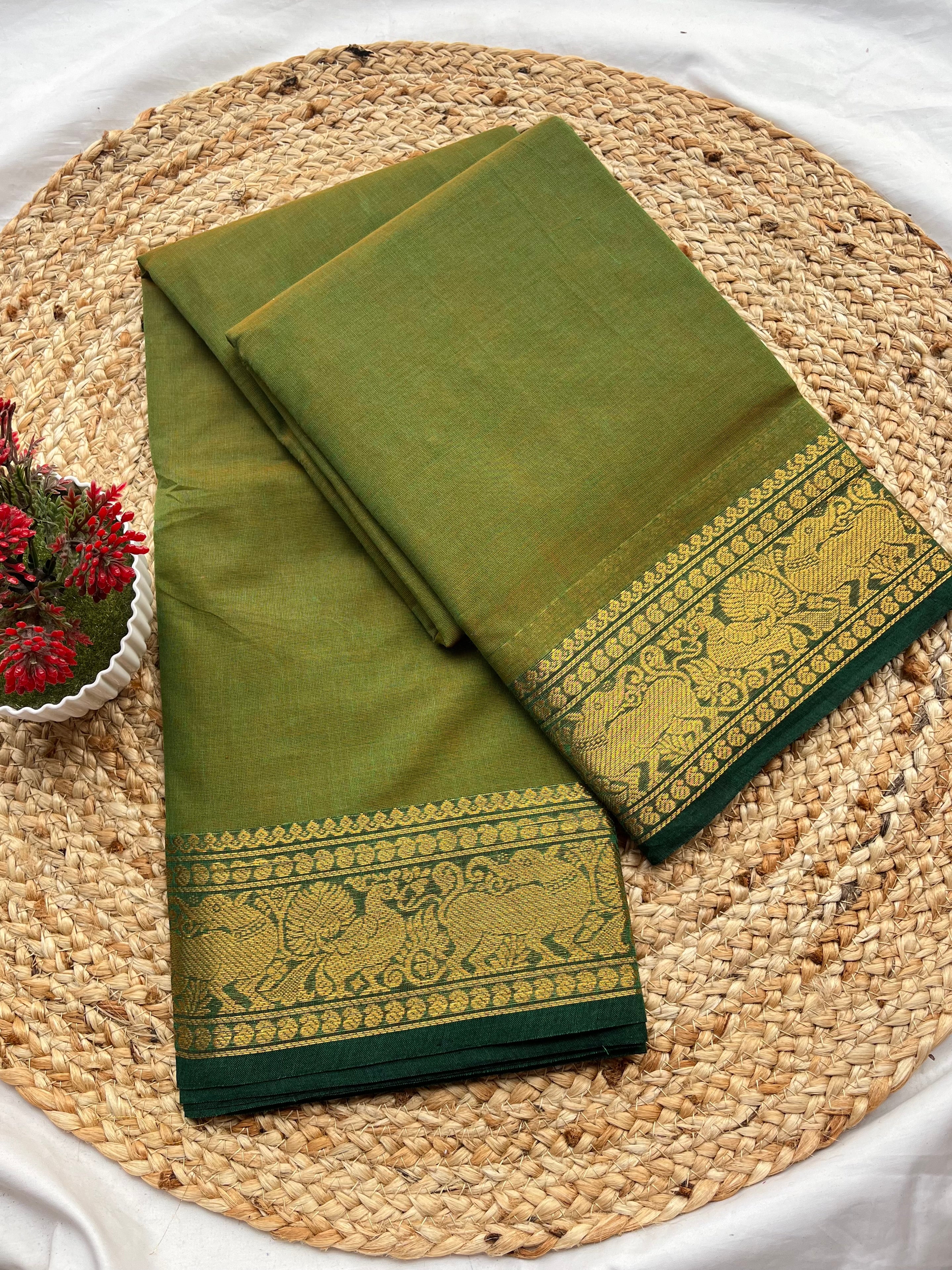 Chettinad cotton olive green & bottle green-Plain