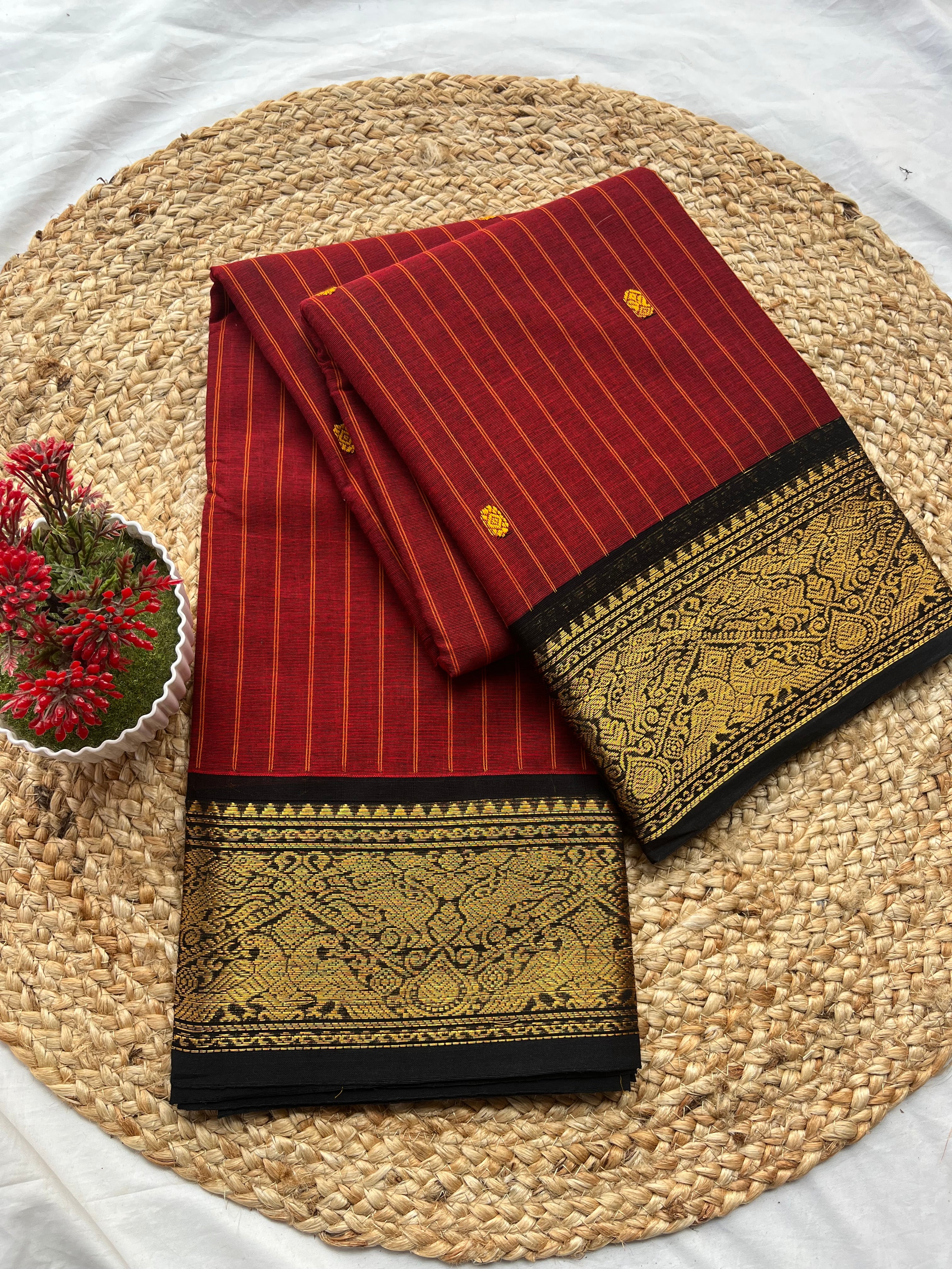 Chettinad cotton Maroon & Black-Stripes butta