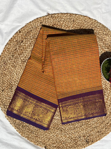 Chettinad cotton mustard yellow & purple _ 1000 checks butta