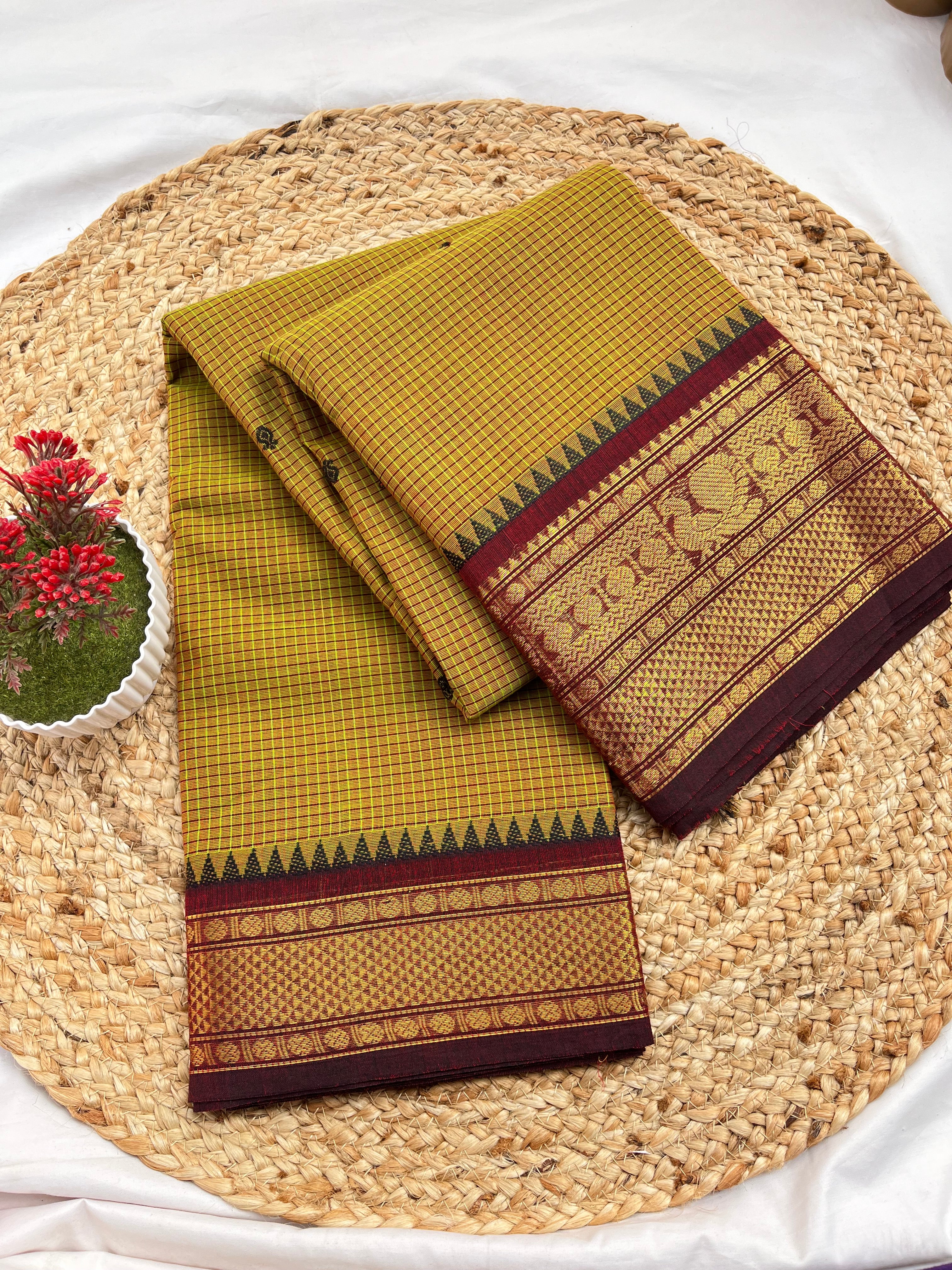 Chettinad cotton methi yellow & maroon-checks butta