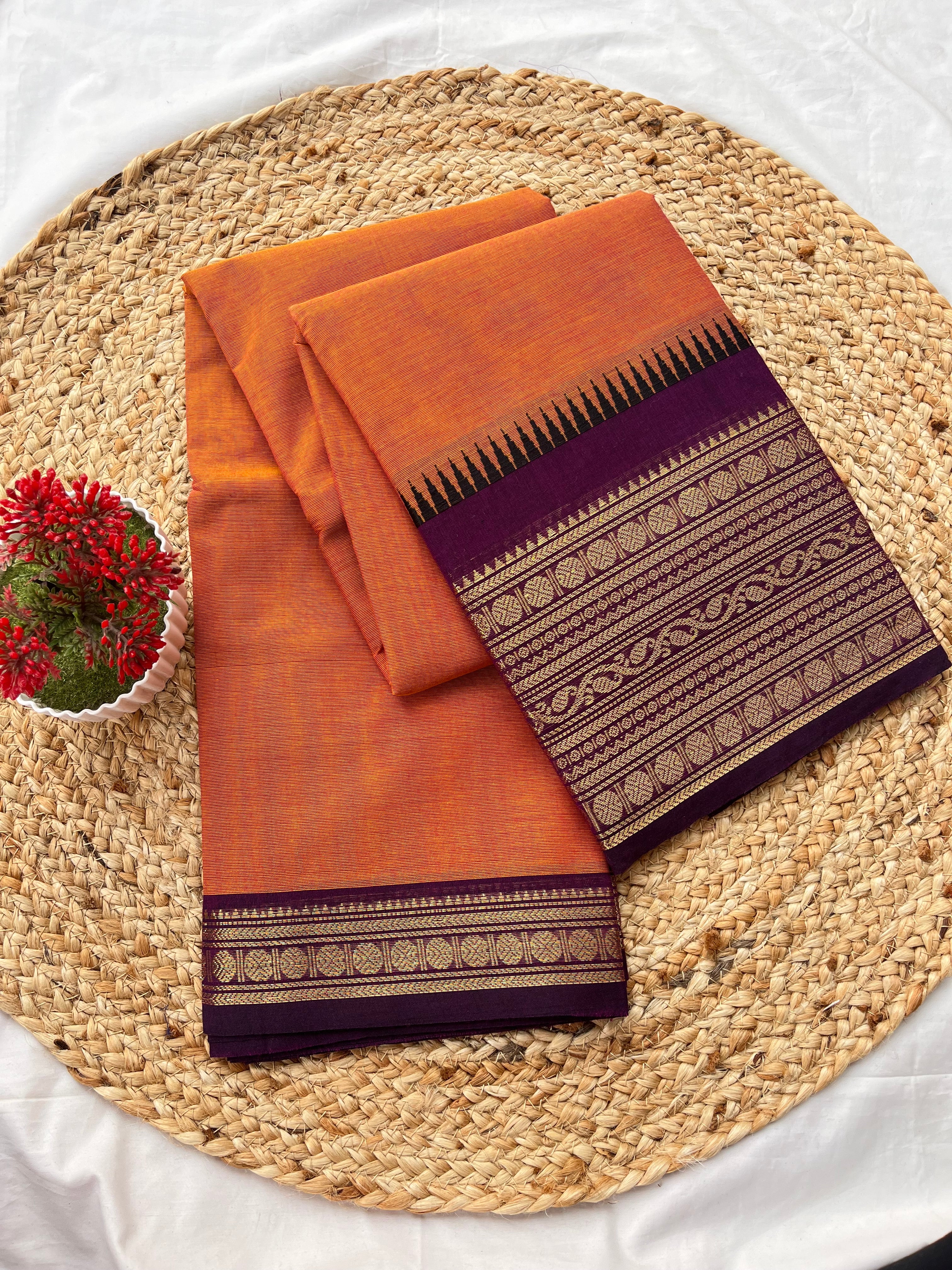 Chettinad cotton Orange & purple-Plain