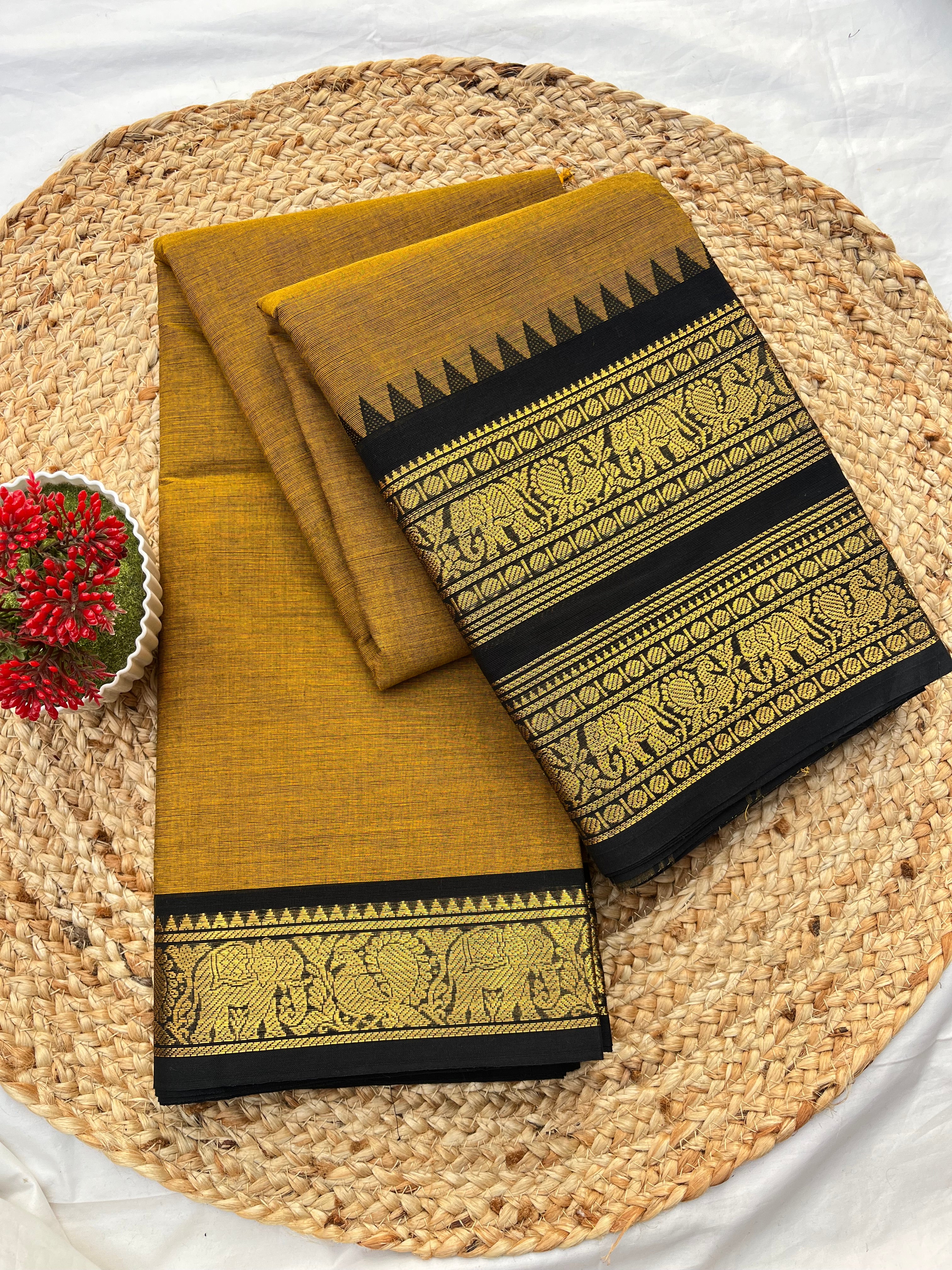Chettinad cotton mustard yellow & Black-double Plain