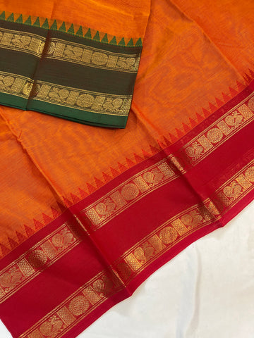 Chettinad cotton saree-red-green -plain