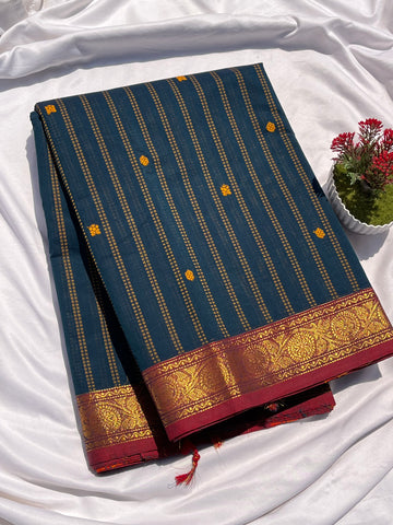 Chettinad cotton blue & maroon strips butta