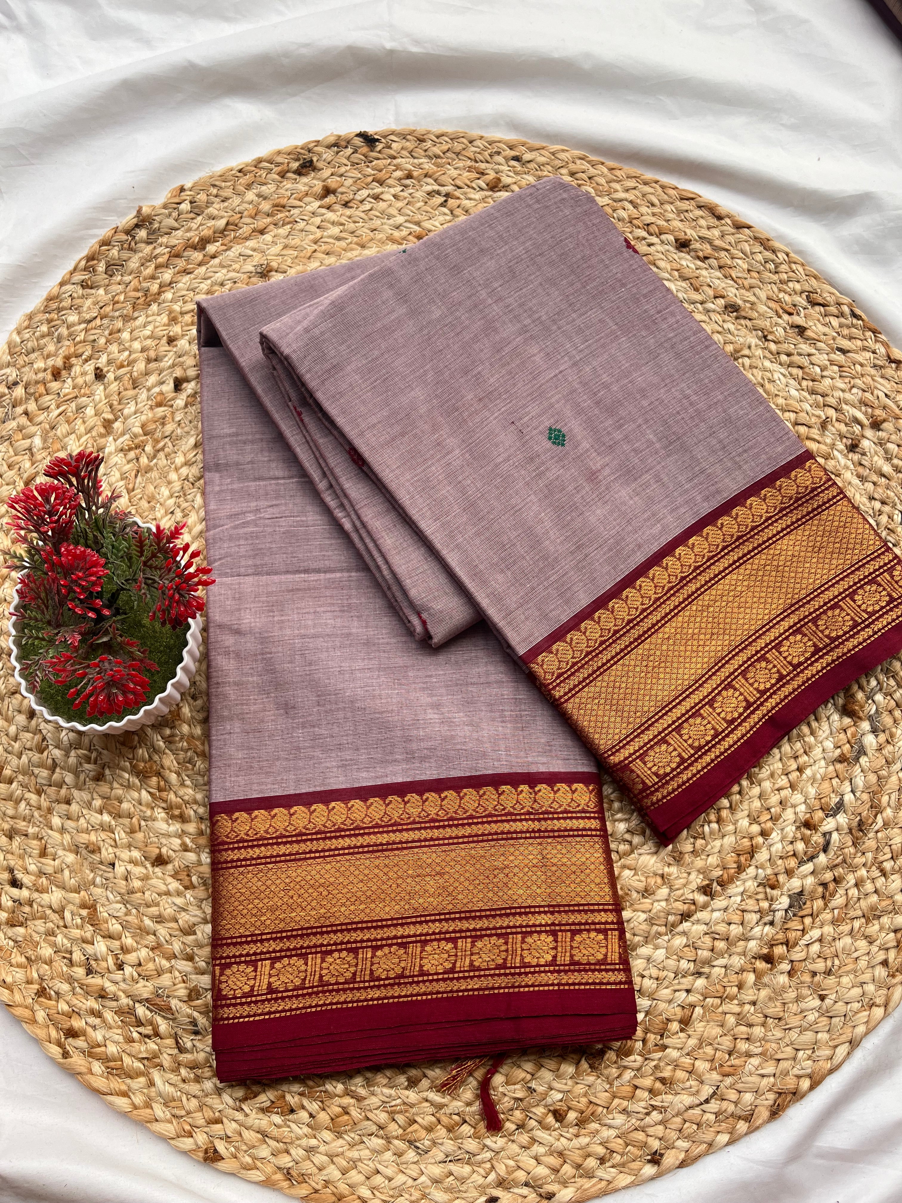 Chettinad cotton Ash & maroon-butta