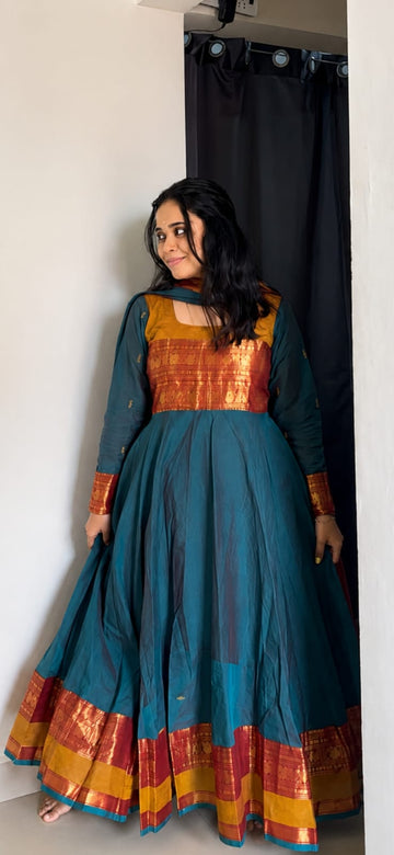 Chettinadu long Gown With Dupatta-Teal Blue