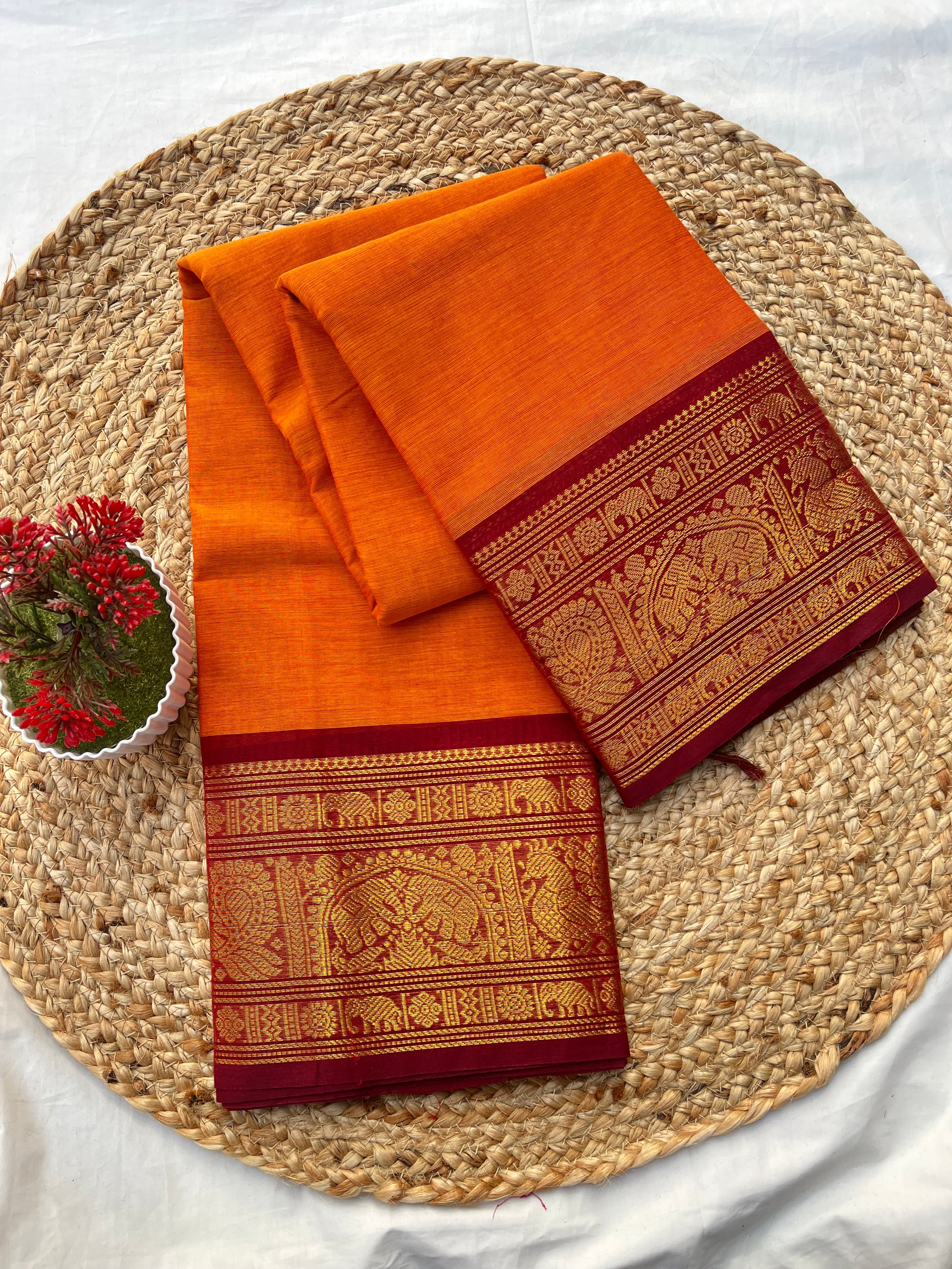 Chettinad cotton Orange & maroon-horse Plain