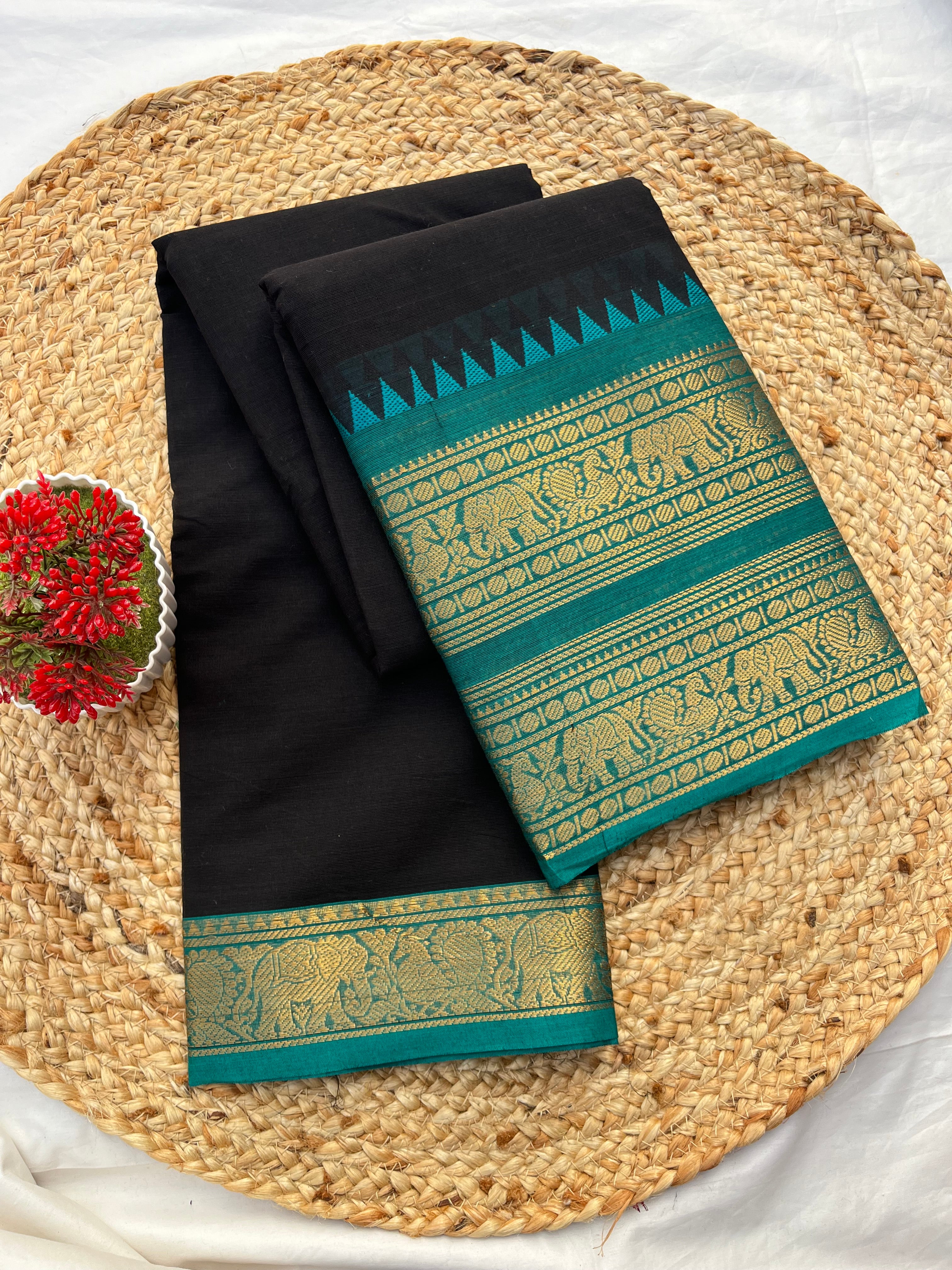 Chettinad cotton Black & teal blue-double Plain
