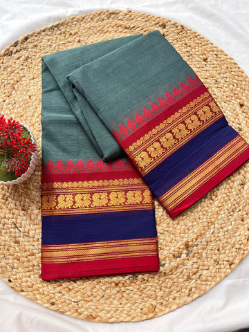 Chettinad cotton teal blue & red blue-plain