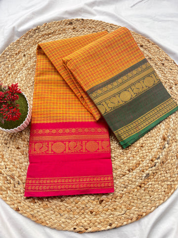 Chettinad cotton Orange Ganga Jamuna-korvai checks