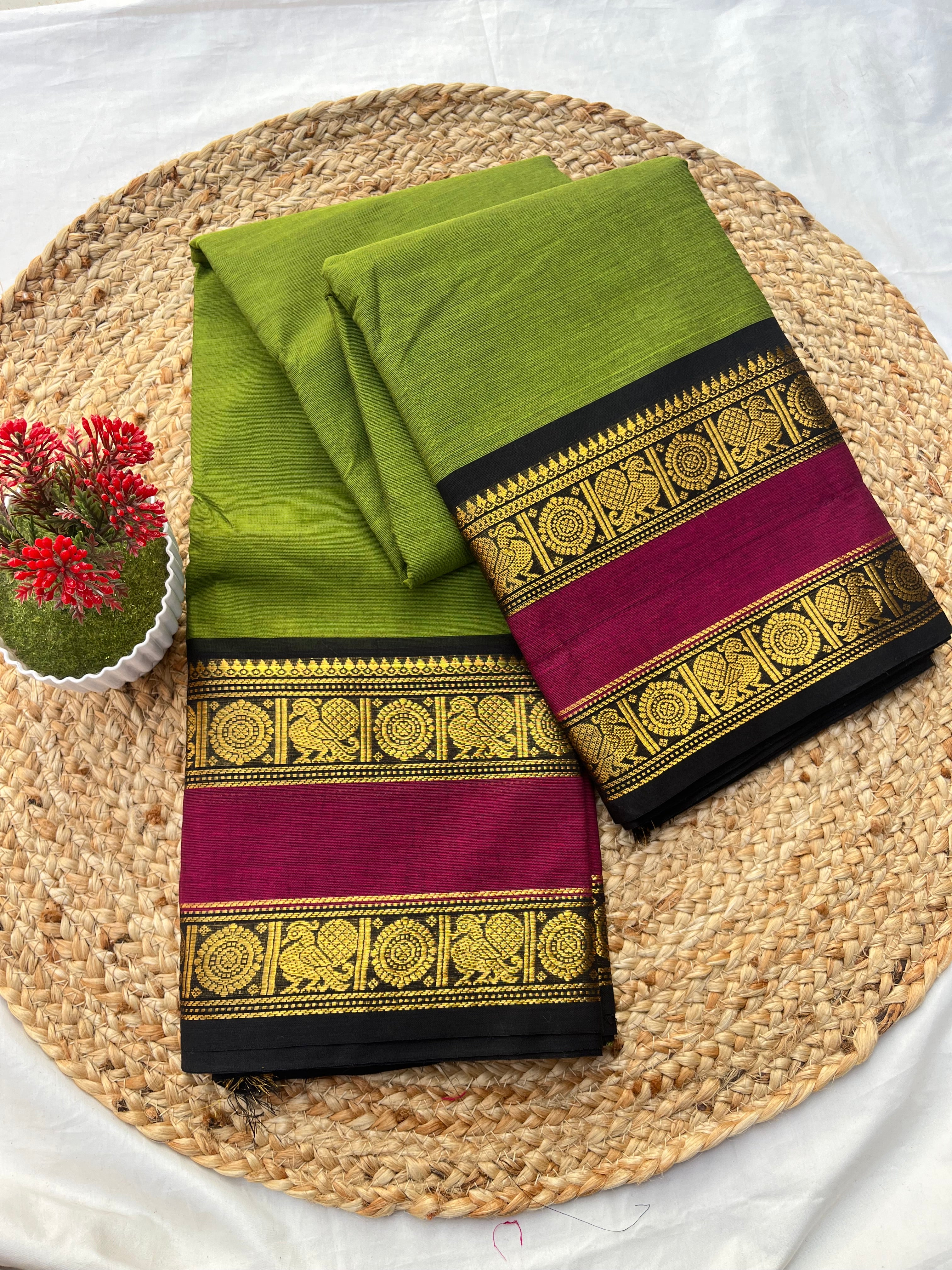 Chettinad cotton green & black pink -plain