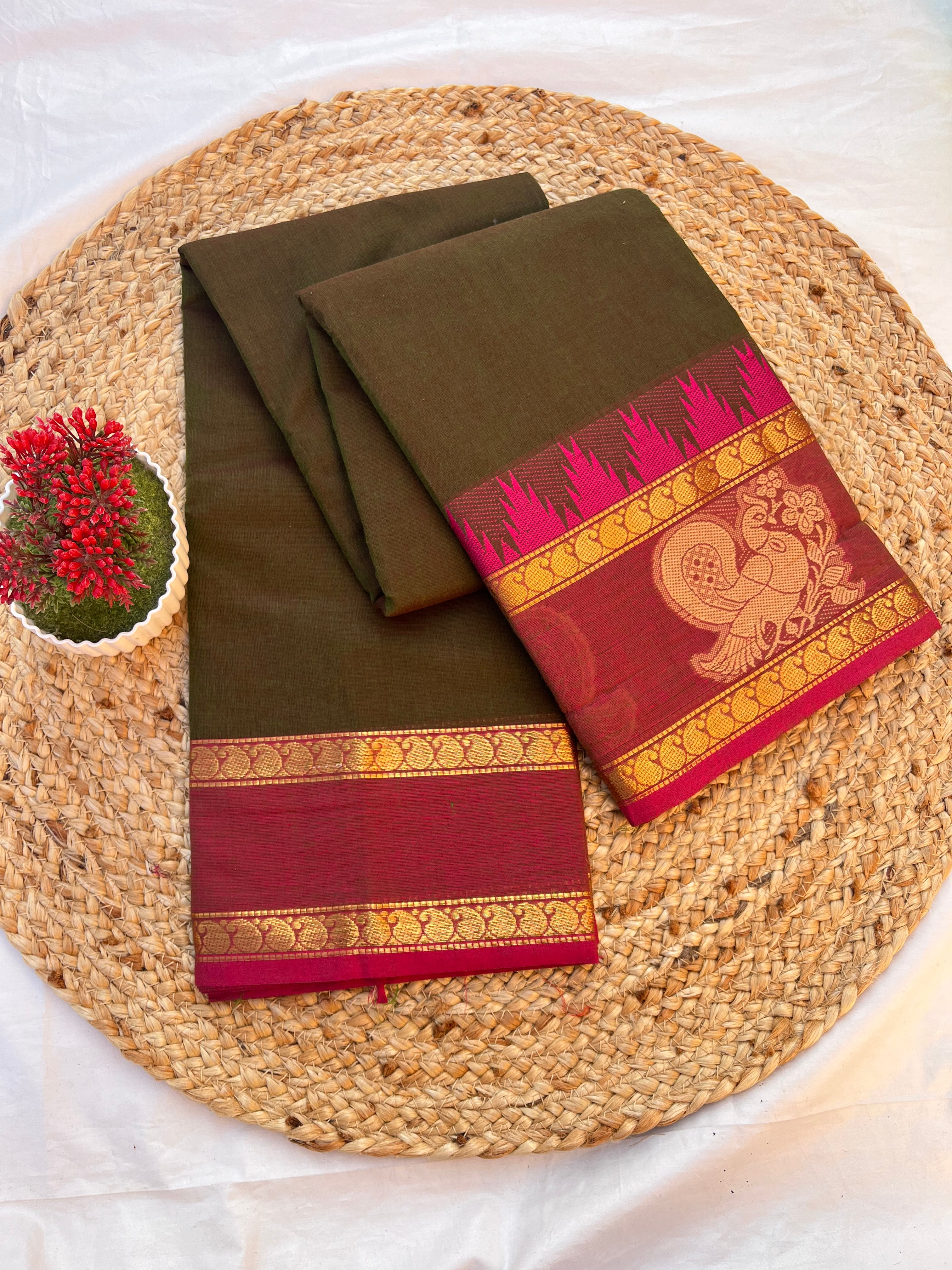 Chettinad cotton olive green & pink-annam butta