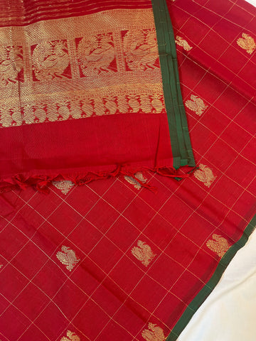 Kanchi Korvai Butis cotton saree - Premium weaves - red