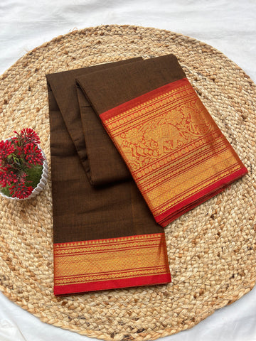 Chettinad cotton olive green &red-horse plain